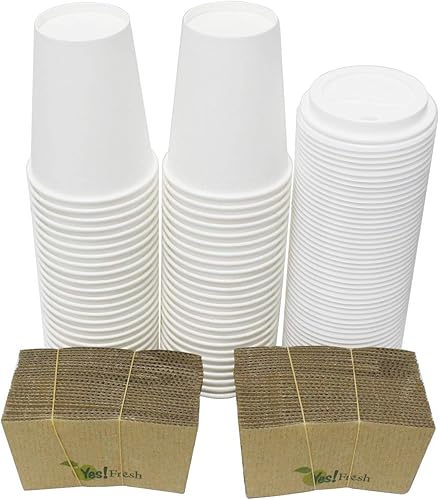 Miniatura 2 de Tazas de papel duradero para café caliente, con tapa para cappuccino y funda protectora de cartón, 50 unidades, color blanco, Blanco