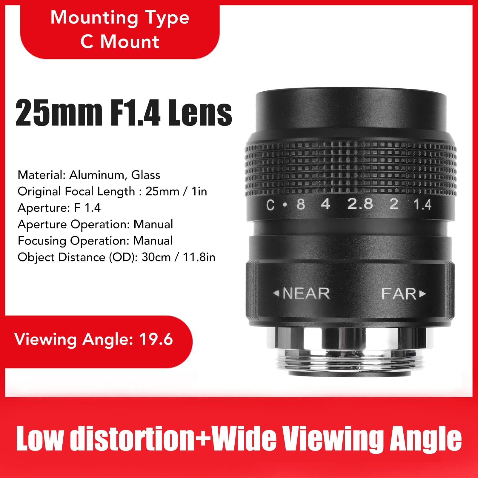 Obiettivo CCTV F1.4 da 25 Mm per Fotocamera con Attacco C, Obiettivo Cinematografico con Attacco C per Bar, Negozi, Parcheggi, Magazzini, 19,6, 30 Cm di Diametro Esterno (Nero)