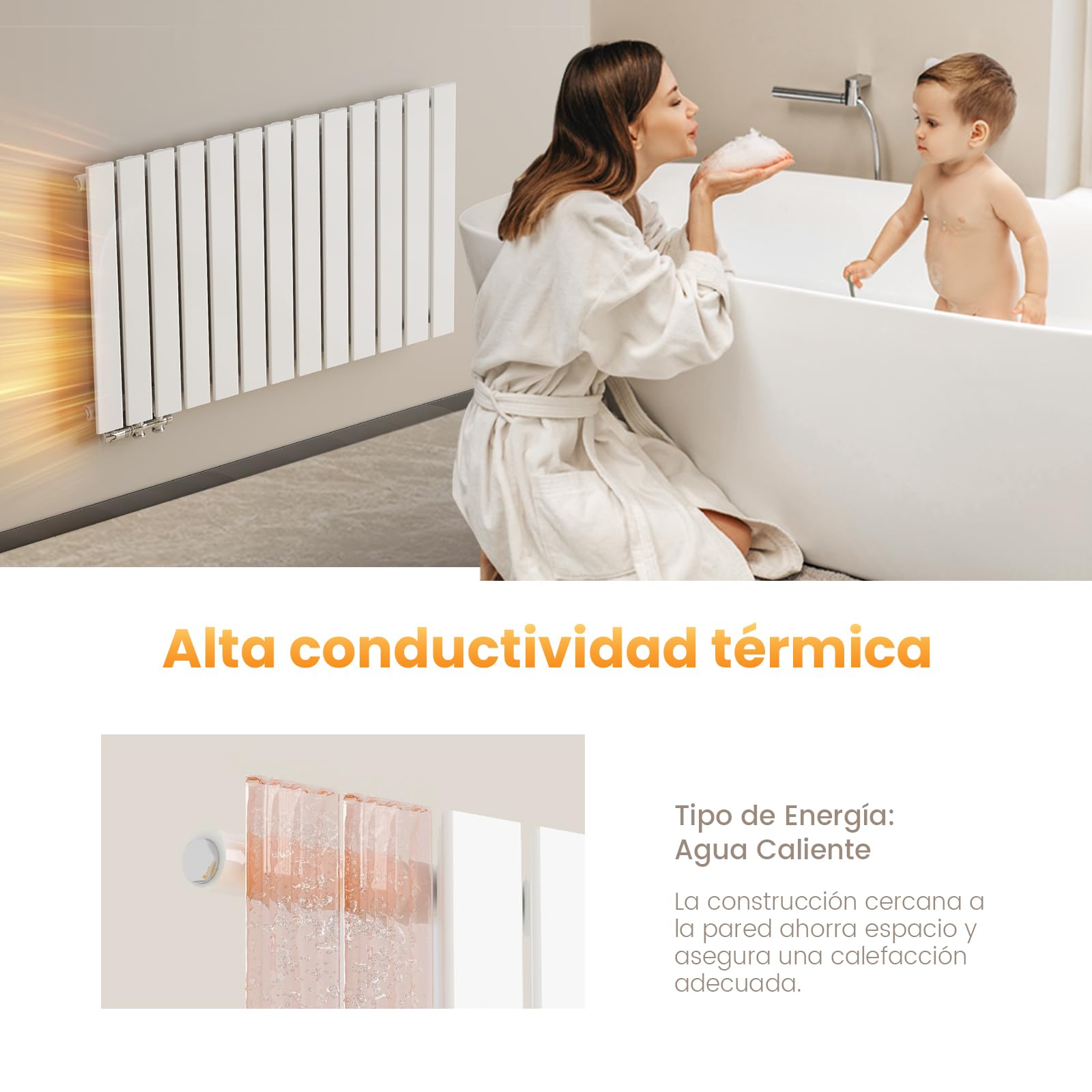 EMKE Radiador de agua caliente 60x30 cm, Radiador plano de solo capa con conexión central, Diseño montaje vertical en pared, Blanco
