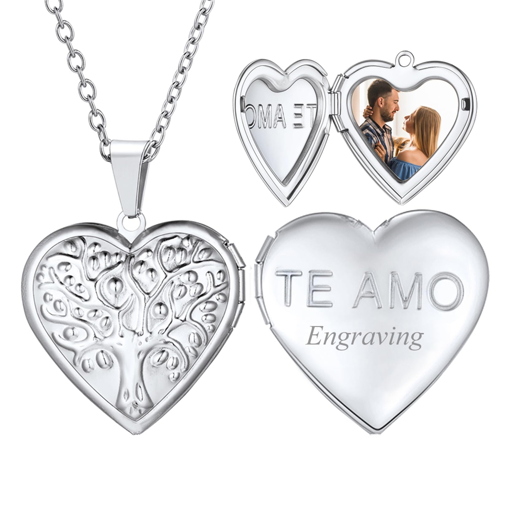 U7 Women Locket Necklace Platinum 14K Gold Photo Lockets that Hold Picture,Chain 20 Inch Personalized Gift Custom Love Heart Image Necklaces