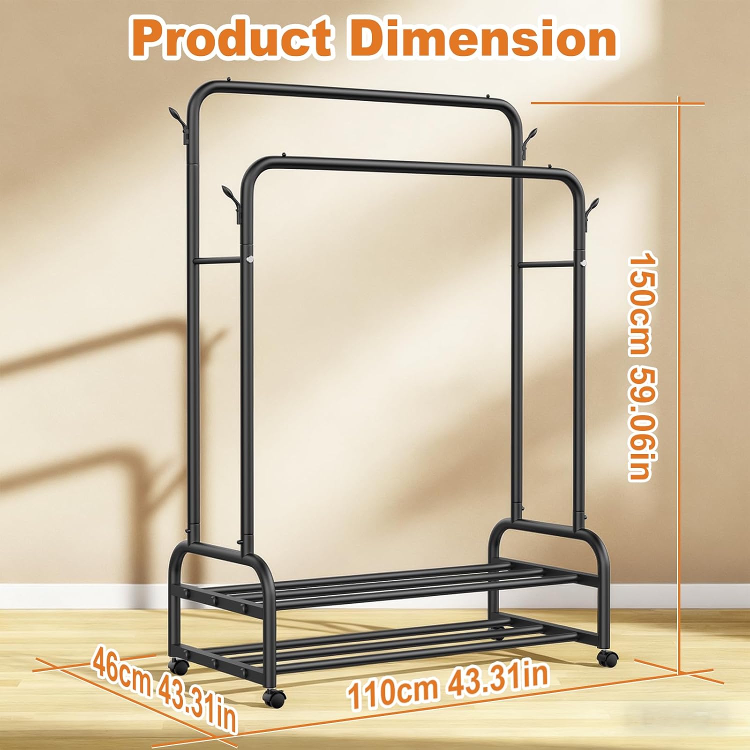 Double Rod Clothing Racks for Hanging Clothes - Heavy Duty Metal Clothes Rack with Hooks & 2-Tier Shelves, Portable Rolling Garment Rack on Wheels Load 160LBS, Versatile Bedroom Closet Rack