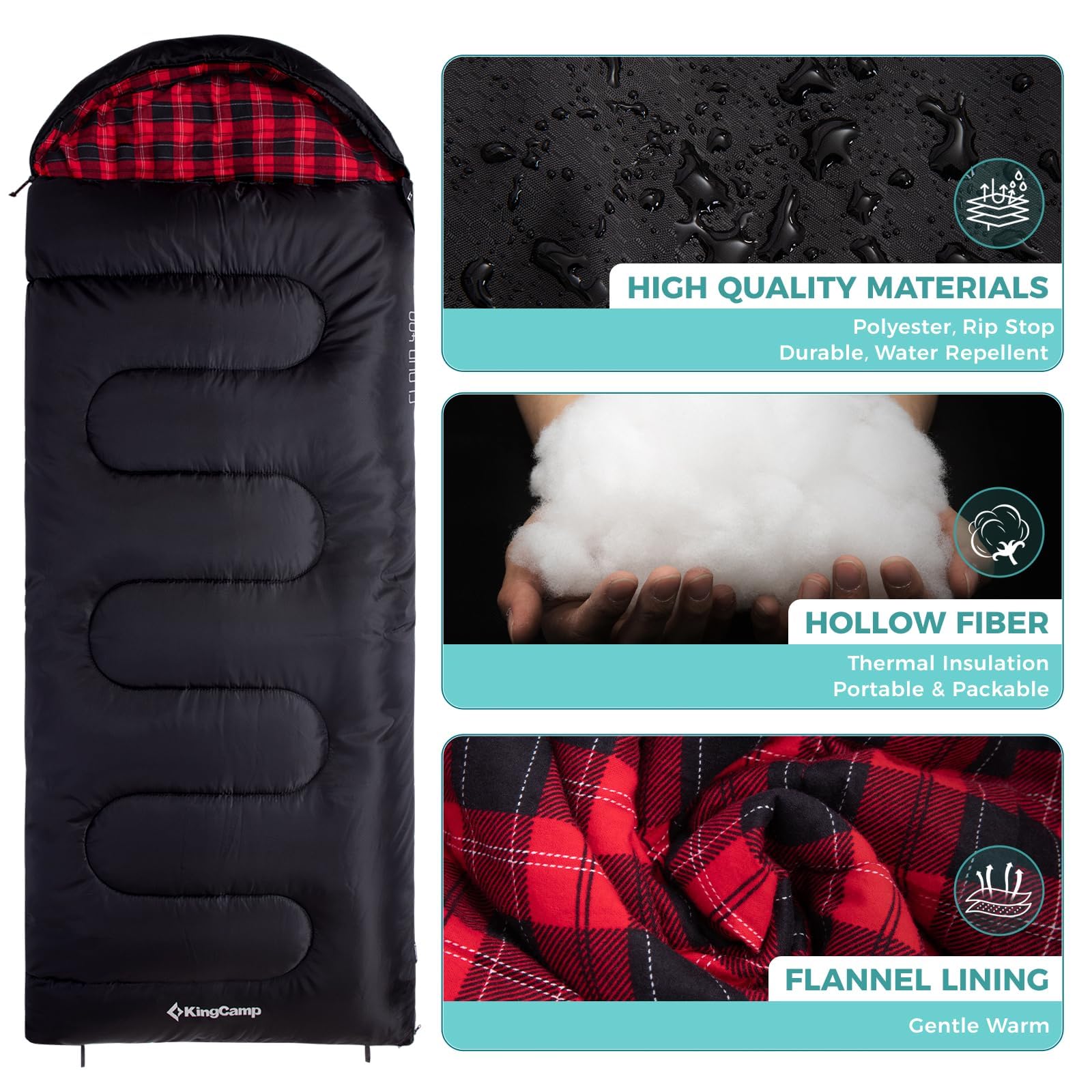 KingCamp for Adults, Winter | Flannel Lined Cold Weather 4 Season Sleeping Bag Sacos de Dormir Grandes y Altos, Ligeros, Resistentes al Agua para Camping, mochileros, Senderismo, Color Negro Derecho