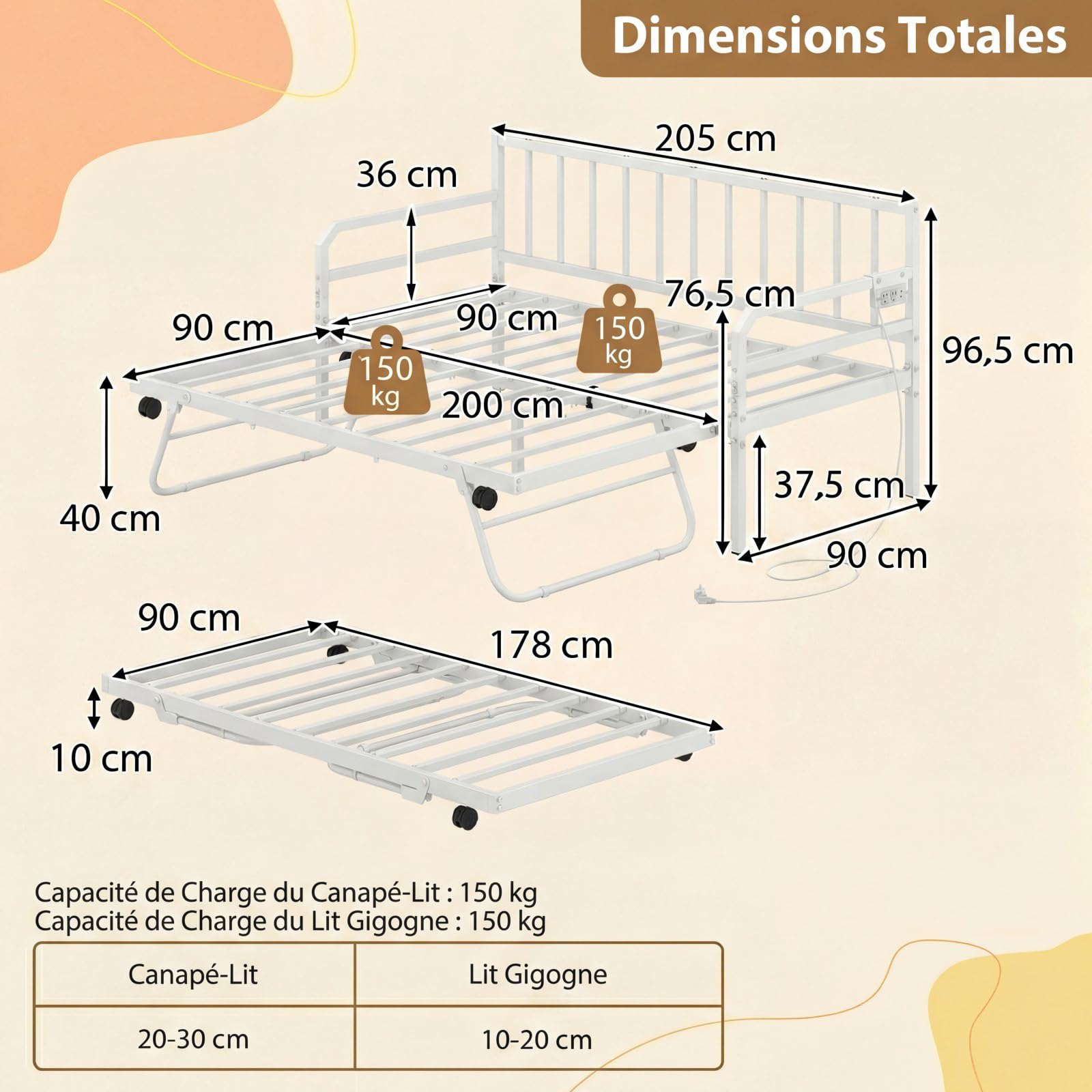 COSTWAY Canapé Lit Gigogne 90 x200 /180 x 200 cm avec Éclairage LED (Blanc)