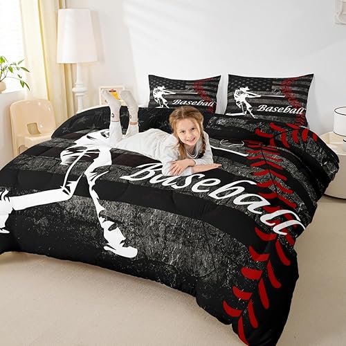 Miniatura 3 de Erosebridal Juego de edredón de béisbol para niños, ropa de cama vintage con bandera americana, tamaño Queen para adultos, niñas, niños, juegos de