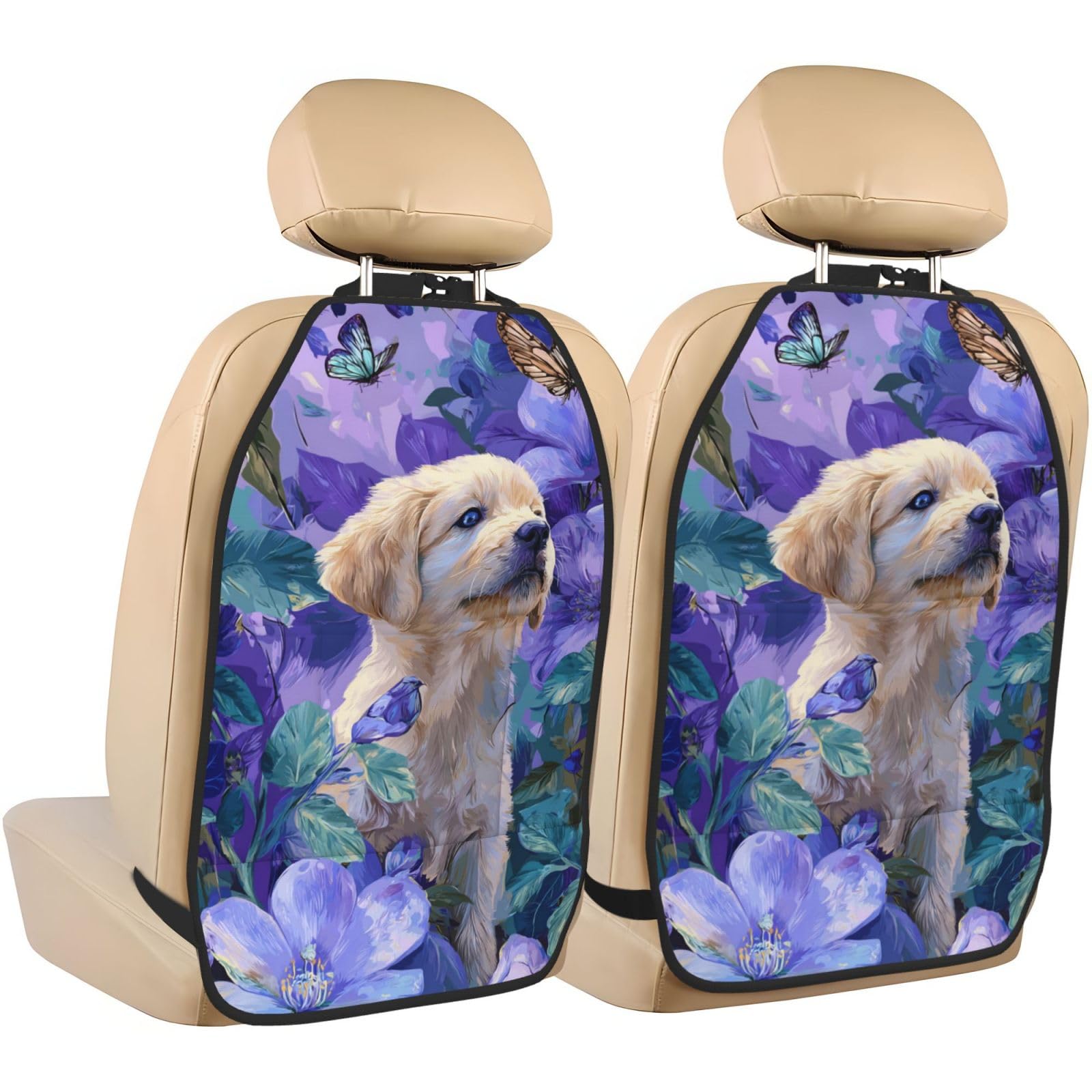 Puppy Blue Flowers Butterflies Car Seat Back Kick Protectors,2 Pack Kick Mats with Storage Pockets for Vehicles to Protect from Dirt Mud Scratches