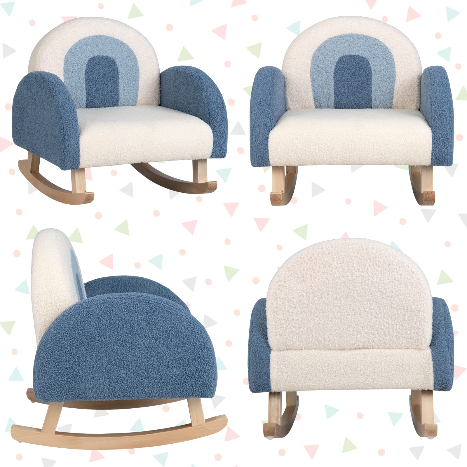 COSTWAY Sedia a Dondolo per Bambini con Gambe in Legno Massello, Poltrona per Bambini di 3-5 Anni, Divanetto Singolo Imbottito per Cameretta, 50,5 x 49 x 50,5 cm, Portata 50 kg (Blu)
