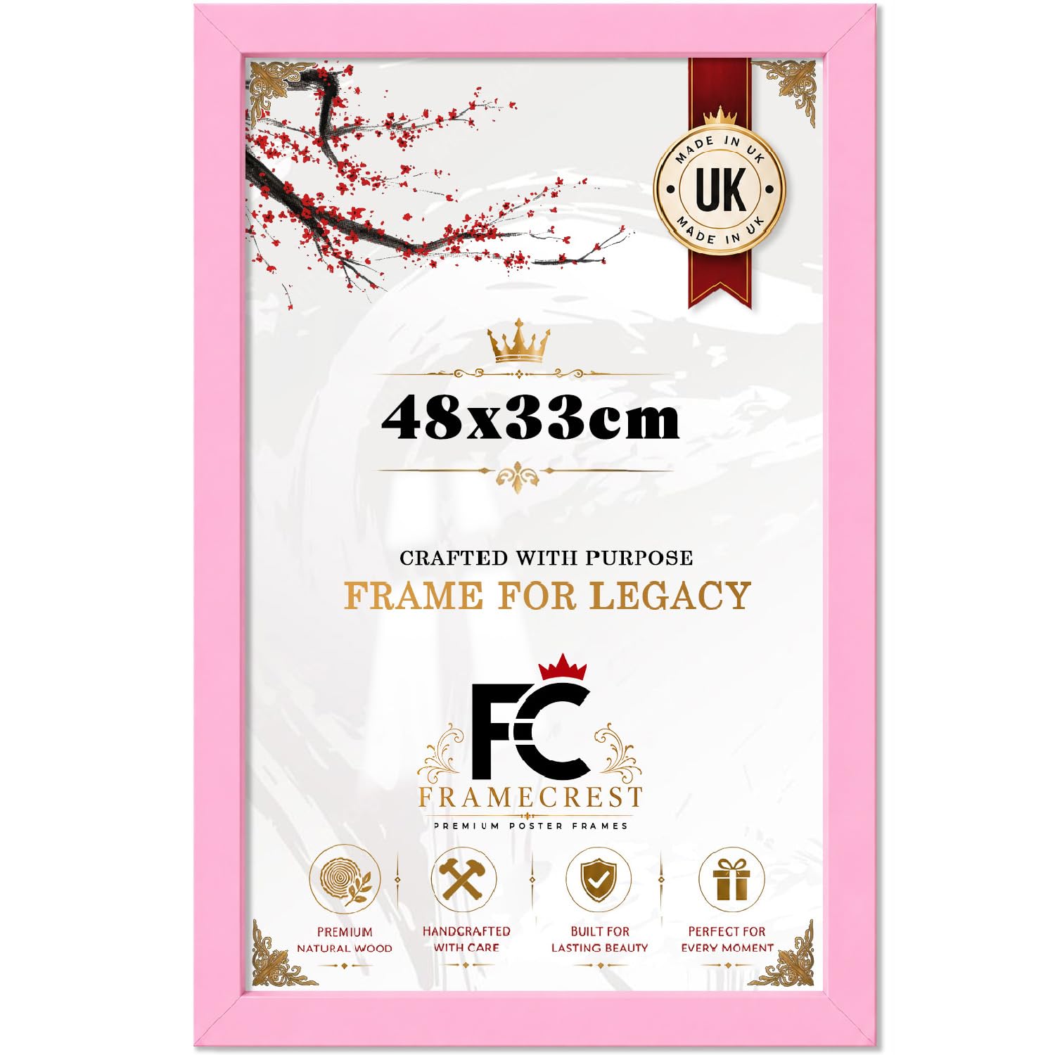 FRAMECREST Classic MDF Poster Frame 48x33cm | Premium Wood Finish | Clear Perspex Front | Perfect for Posters, Certificates & Prints - [Pink]