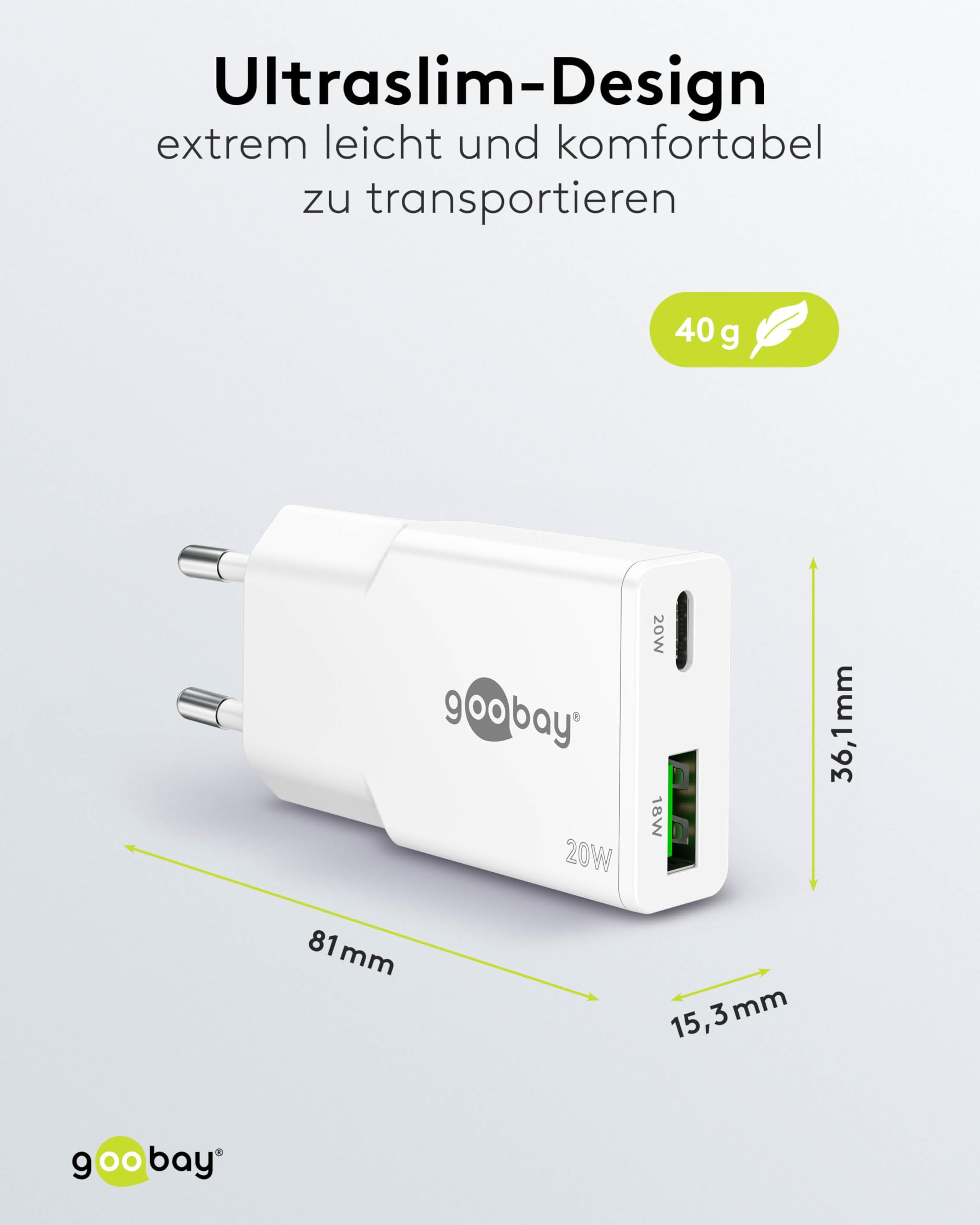 goobay Caricatore rapido USB-C PD GaN Slim 20 W (bianco), Power Delivery, connettore USB-A Quick Charge, alimentatore di rete per smartphone e tablet – 75730
