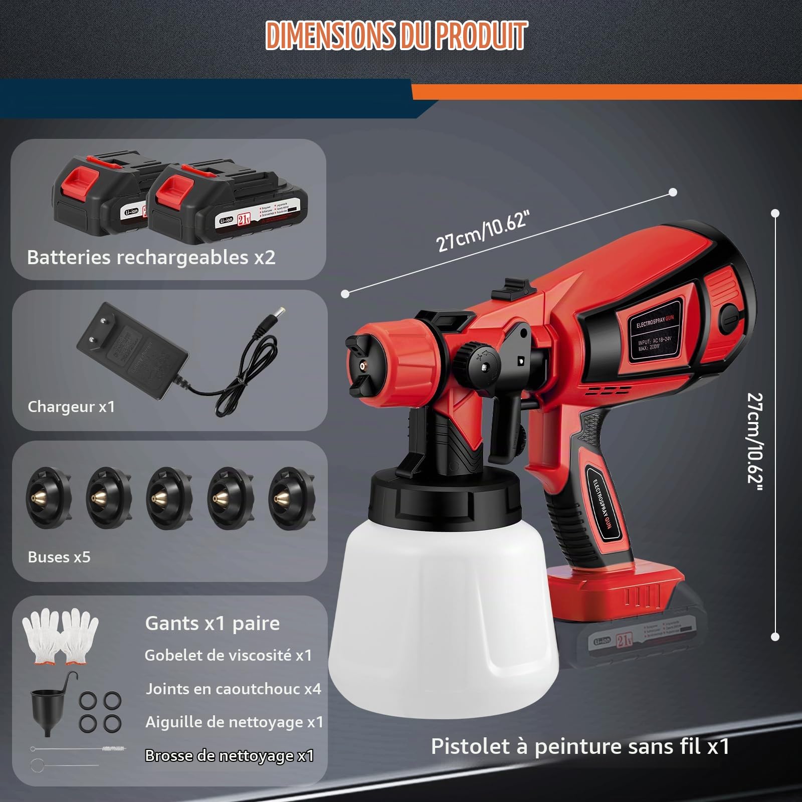 Pistolet à Peinture sans Fil, 21V 18000tr/min avec 2x3000mAh Batteries Pistolet Peinture, 5 Buses et 3 Modes de Pulvérisation, Réservoir de 1000ML pour Peinture de Maison, Murs, Clôtures et Plafonds