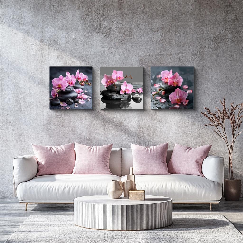 NAN Wind 3PCS Zen Spa Canvas Wall Art Pink Orchid Flower and Black Massage Stones Print Modern Botanical Floral Artwork Relaxation Theme Wall Decor for Bathroom Bedroom Home Spa Salon Decor