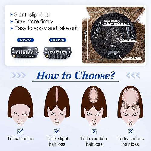 Miniatura 4 de Benehair Toppers de cabello humano de 10 pulgadas de densidad del 150 % para mujeres con flequillo, base monofónica con clip, piezas superiores para