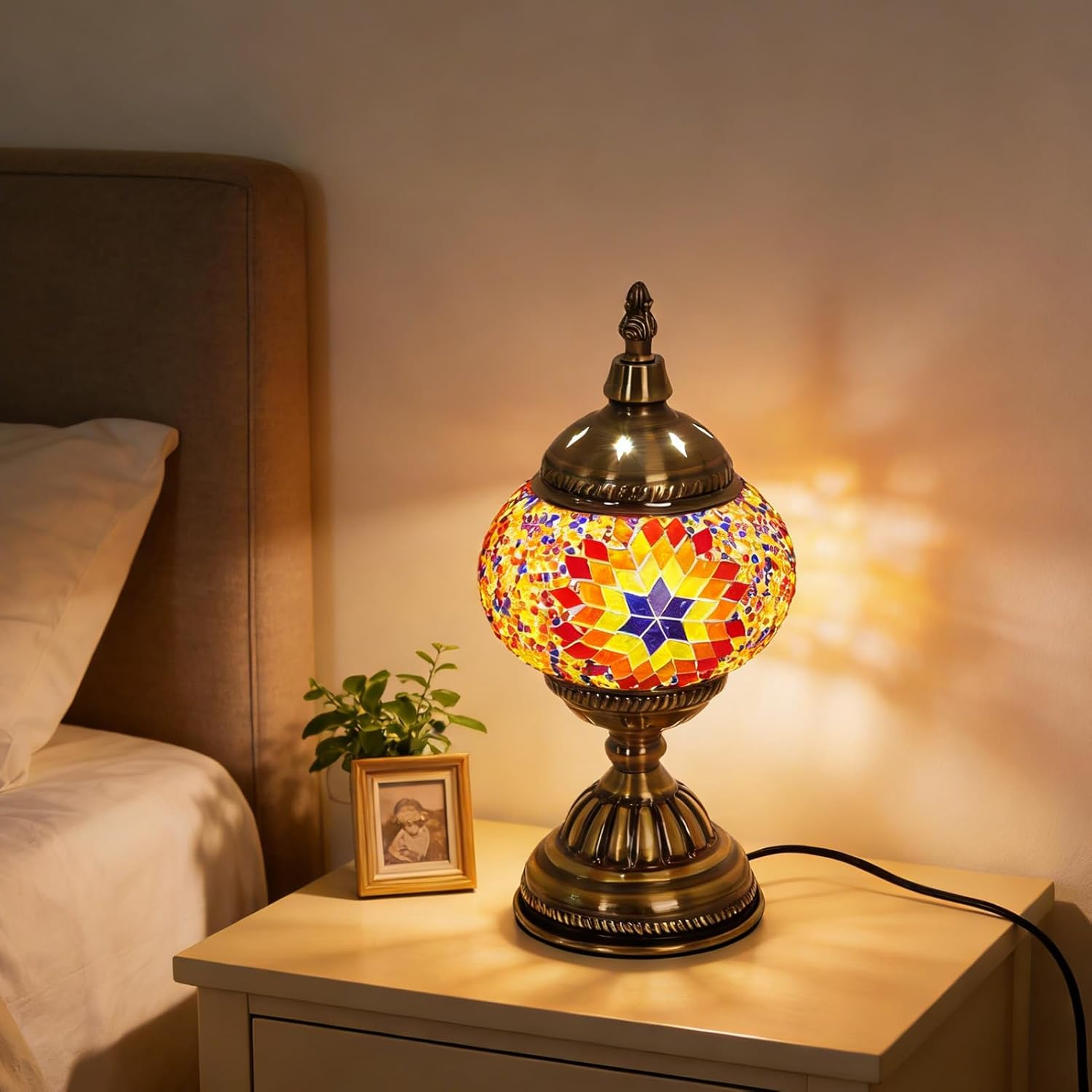 Turkish Table Lamp, Vintage Style Handmade Stained Glass Moroccan Mosaic Lamp with Bronze Base Including E26 Bulb for Living Room Bedroom Decor