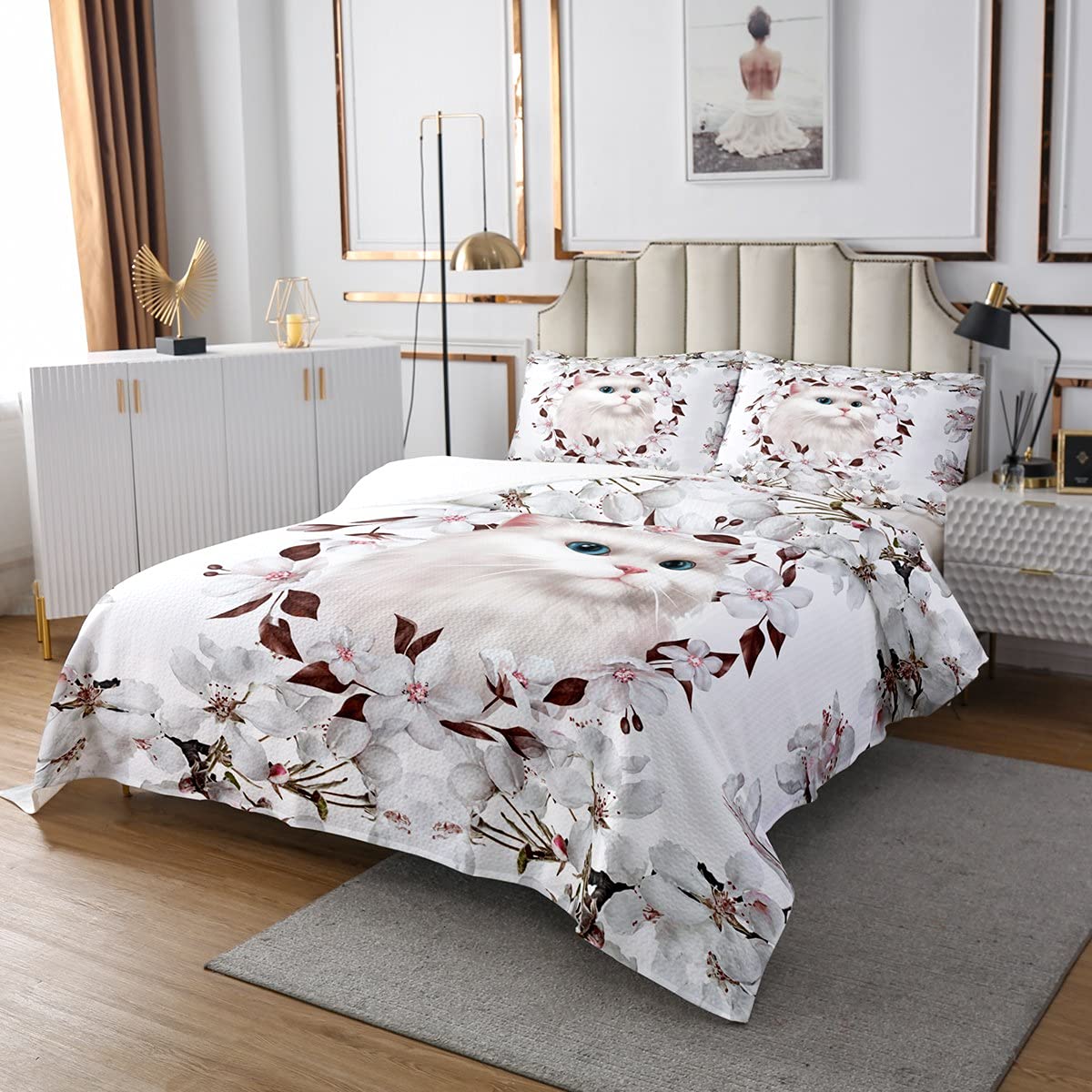 Linda colcha acolchada con diseño de gato, con flores de cerezo, para niños, niñas, adolescentes, floral, para mascotas, gatos, juego de ropa de cama de regalo para amantes de los gatos, tamaño King