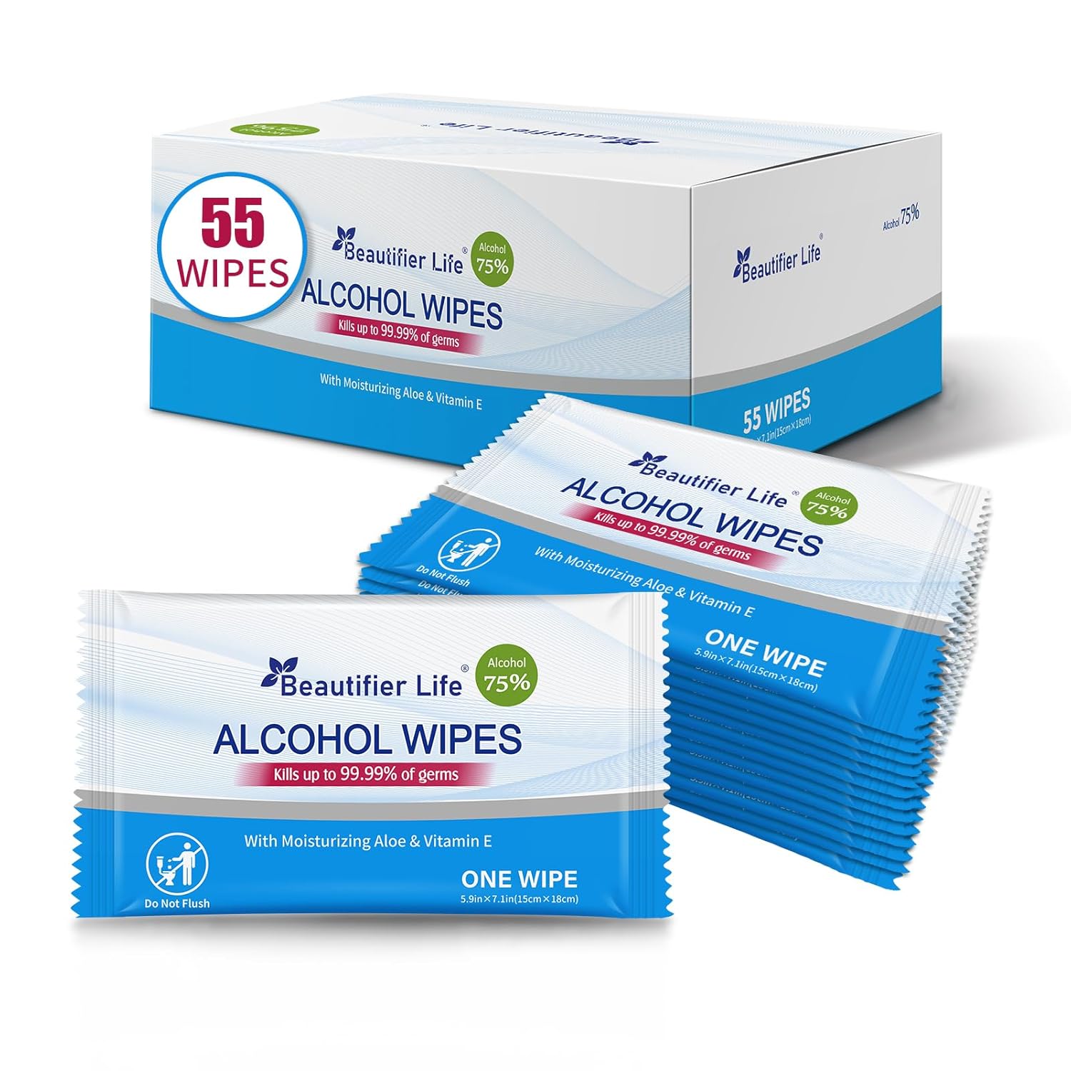 All – Purpose Travel Wipes, 55 Individually Wrapped 75% Alcohol Antibacterial Hand Sanitizing Wipes with Aloe Moisturizer & Vitamin E for for On-the-Go Use, Restaurant, Home Office