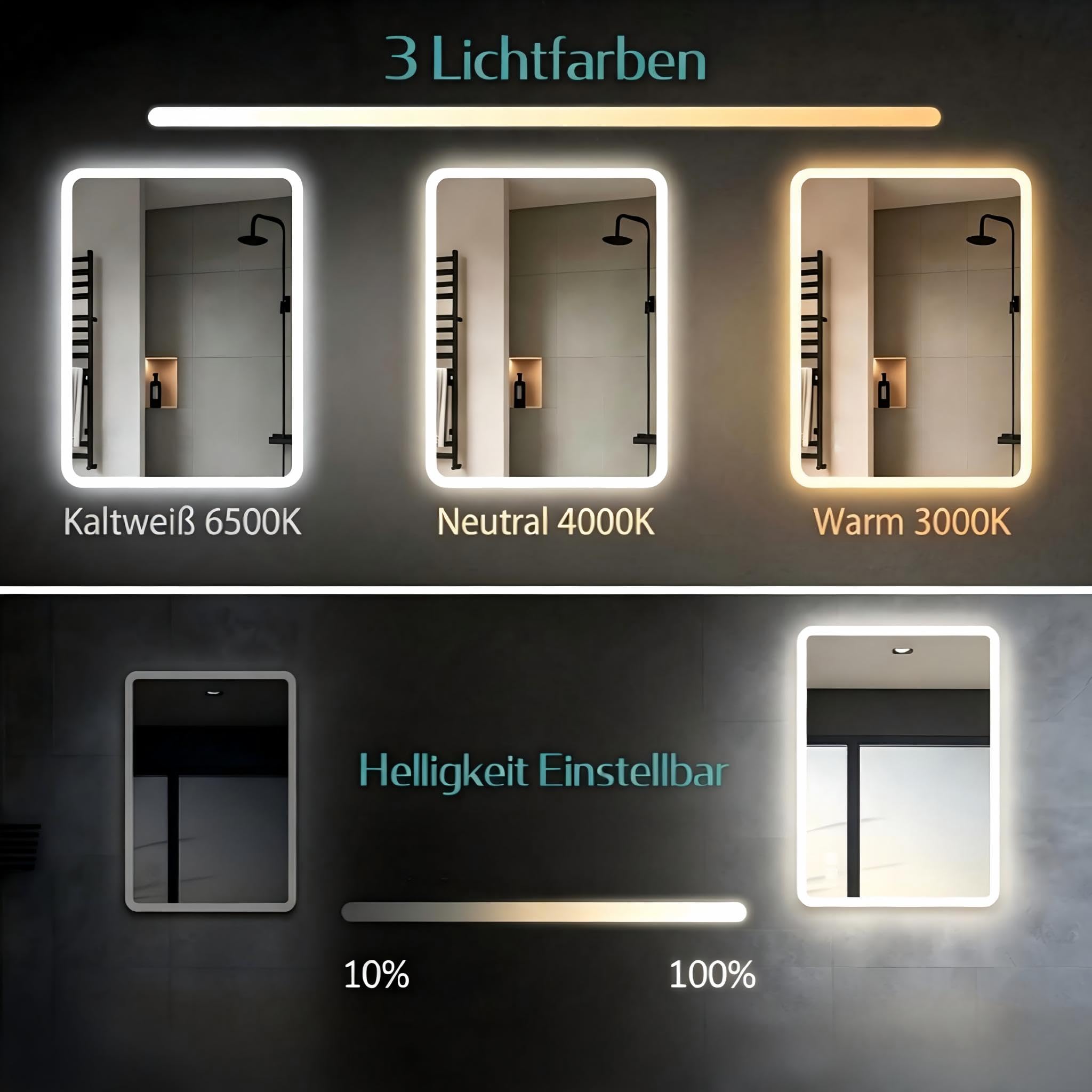 MIQU Badspiegel LED 80 x 60 cm Badezimmerspiegel mit Beleuchtung Groß Spiegel mit Licht Touch dimmbar Rechteckig Wandspiegel mit Bluetooth + Steckdose +Beschlagfrei + 3 Lichtfarben