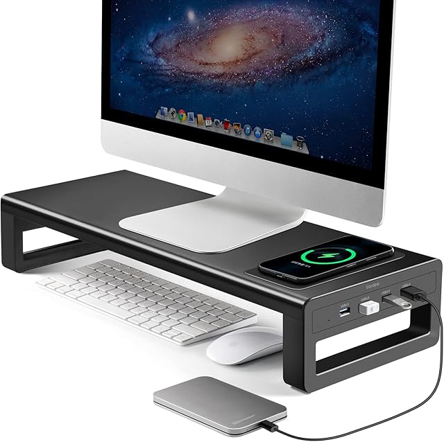 Vaydeer Podwójny uchwyt na monitor z bezprzewodowym ładowaniem i 4 hub USB 3.0 aluminiowy uchwyt na 2 monitory, metalowy uchwyt na monitor Obsługuje do 32 cali na komputer, laptop - czarny