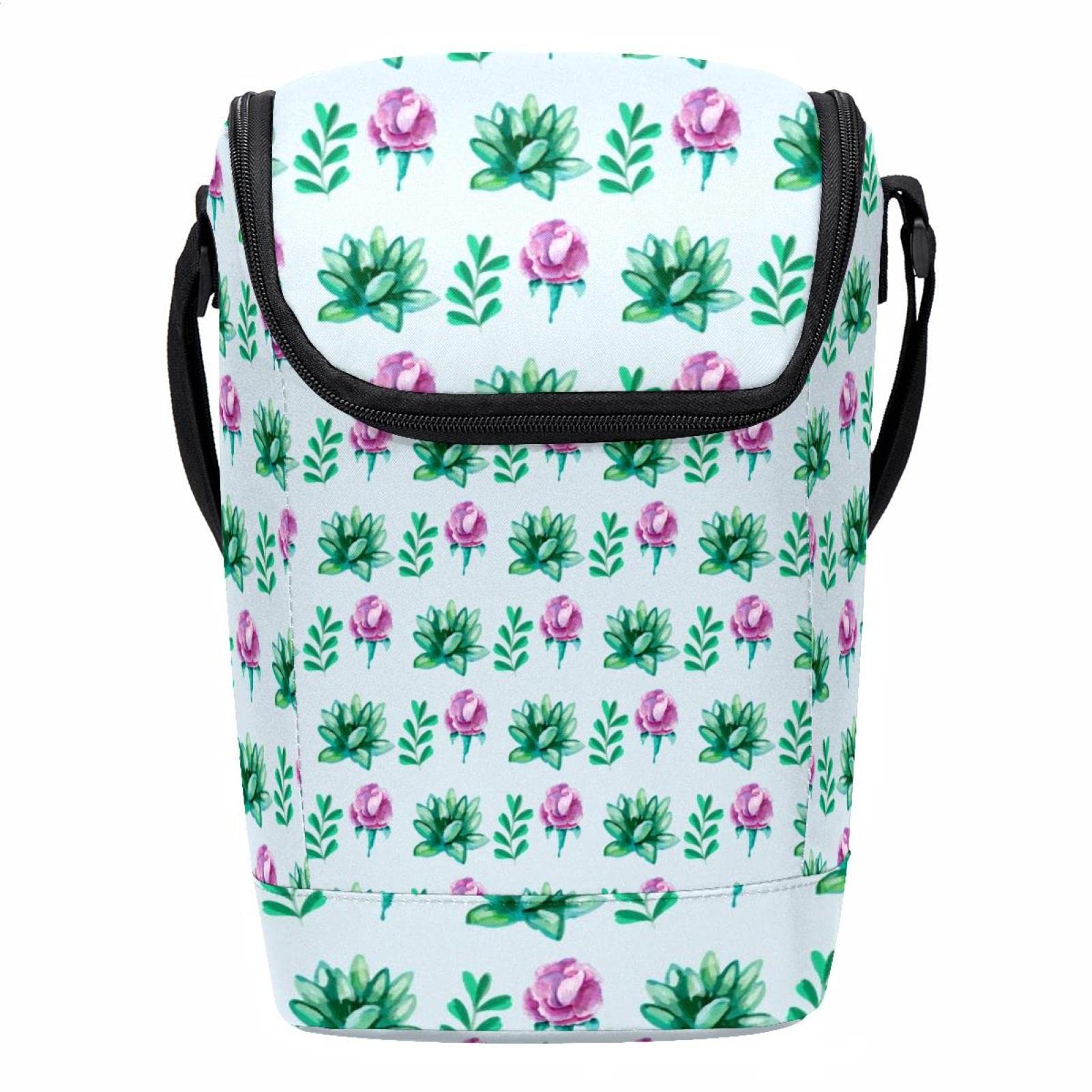 Lonchera grande verde floral con correa de hombro ajustable