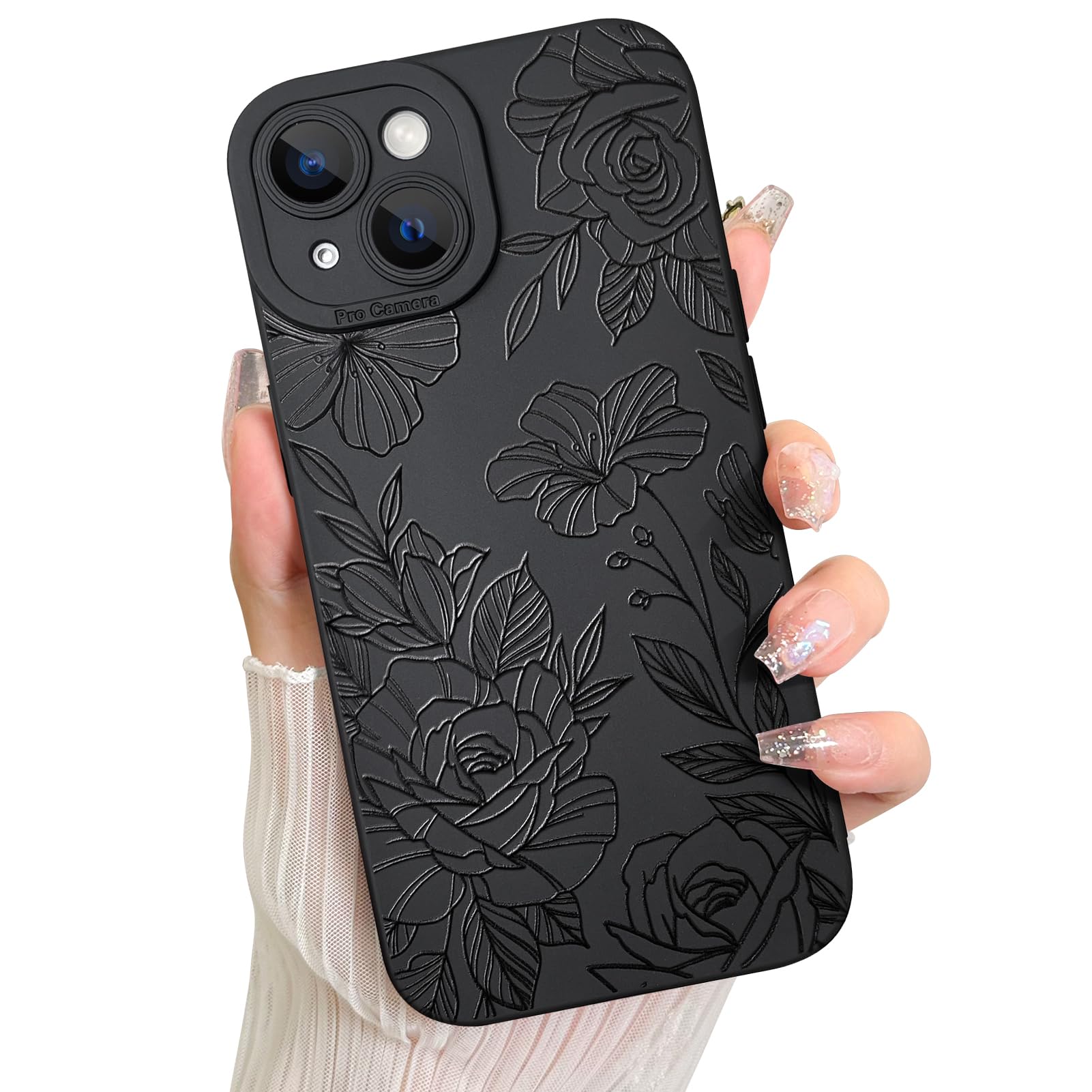 LSL Case for iPhone 13 Black Floral Flower Pattern Print Case Soft TPU Full Camera Lens Anti-Drop Anti-Scratch Shockproof Protective Slim Cover for Women Girls