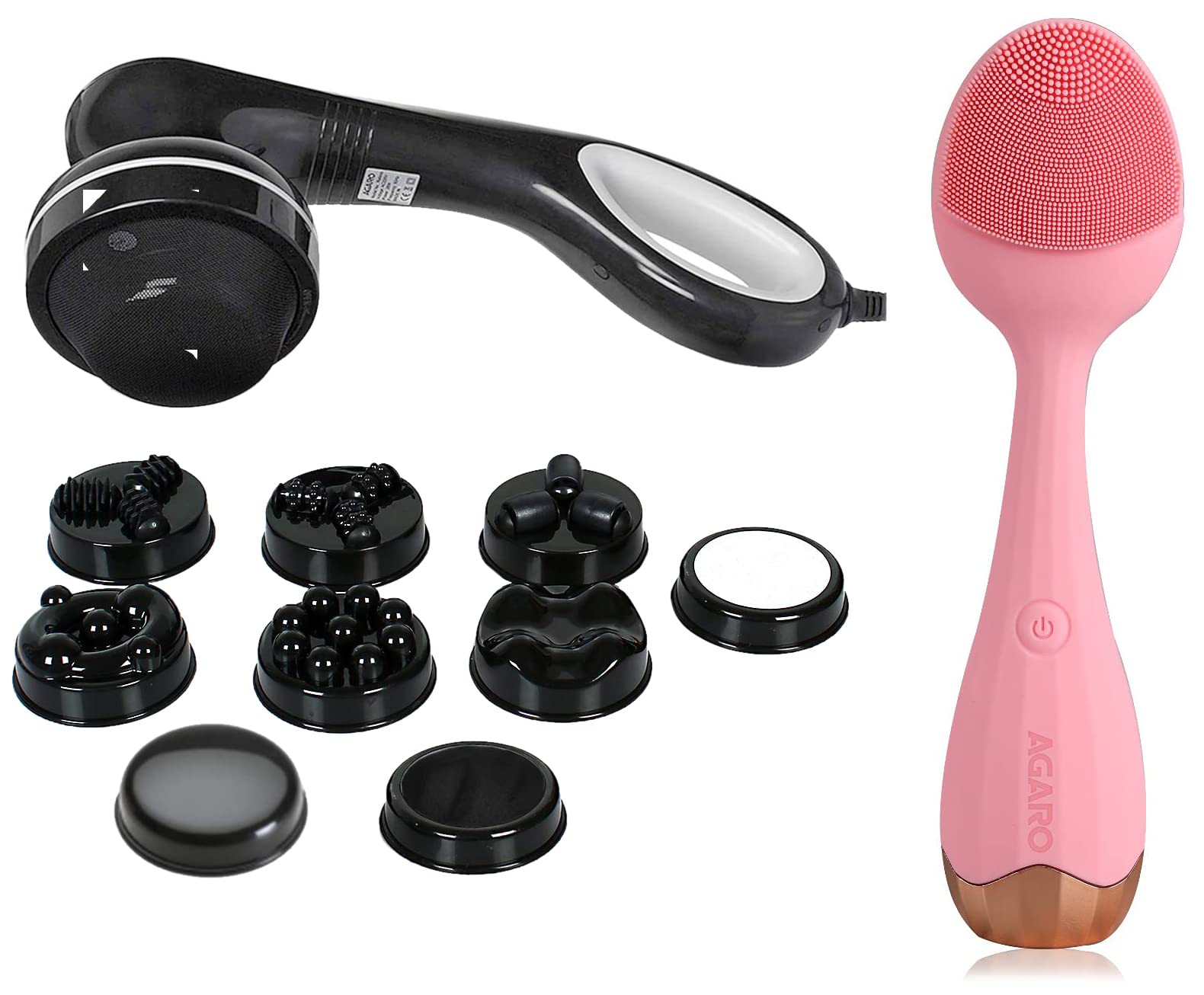 AGARO Relaxo Electric Handheld Full Body Massager with 8 Massage Heads, 5 Mode & 6 Speed Settings (Black) & AGARO CM2109 Sonic Anti-Aging Facial Cleansing Massager with Silicone Brush - Massager Combo (B09R4SJ4R1) Amazon Price History, Amazon Price Tracker