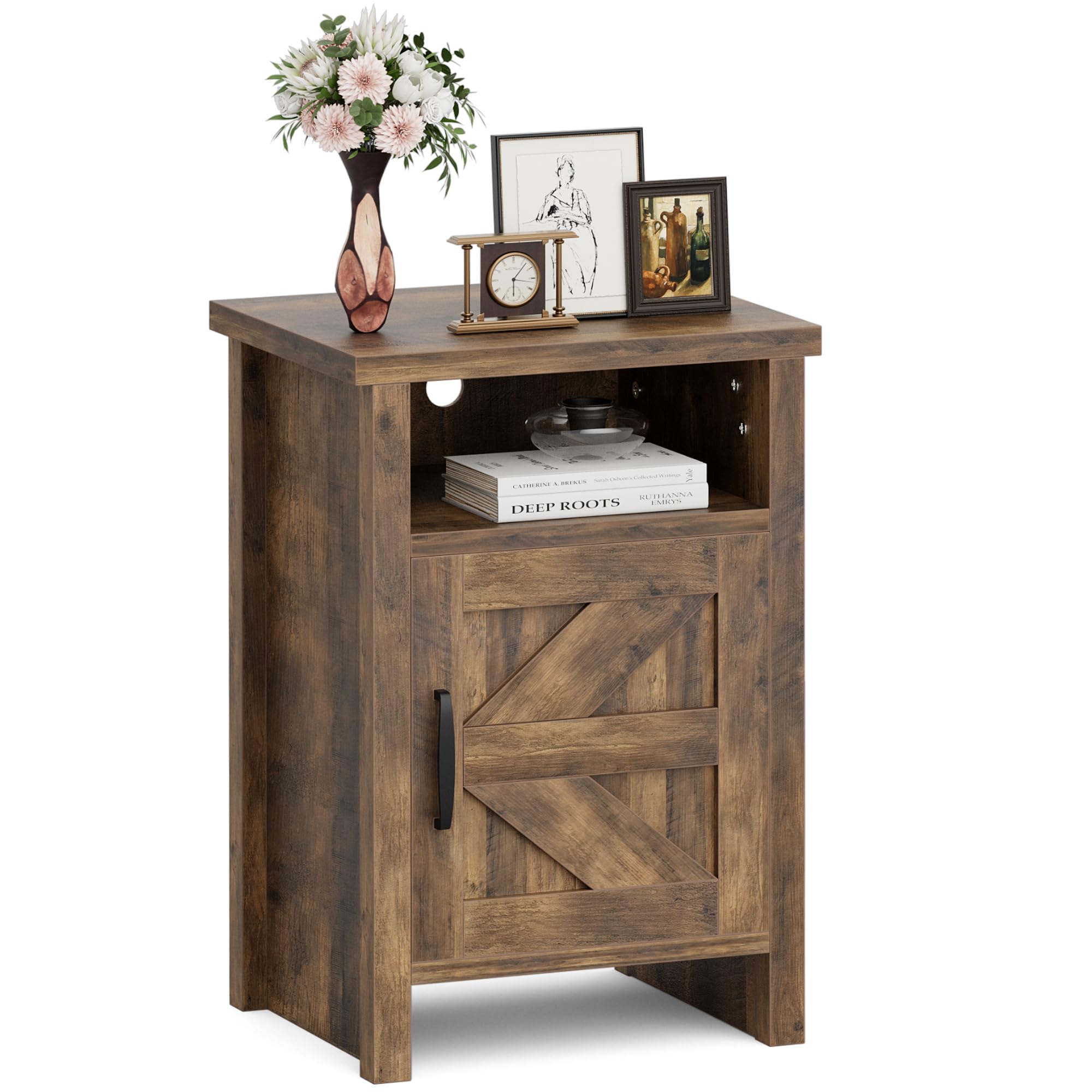 JUMMICO Farmhouse Nightstand, Modern Bedside Table with Barn Door and Shelf, Rustic End Table Side Table for Bedroom, Living Room (1, Rustic Oak)