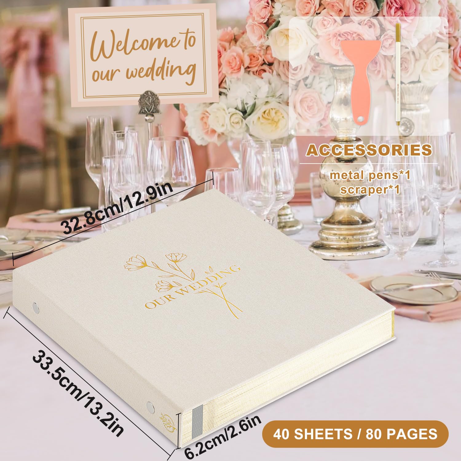 Lanpn Hochzeits-Fotoalbum, Scrapbook, 80 Seiten, Leinen-Fotoalben, DIY, klebrige magnetische Seiten, hält 15,2 x 10,2 cm, 17,8 x 12,7 cm, A4, A5 Bild für Hochzeit (groß, 40 Blatt, beige)