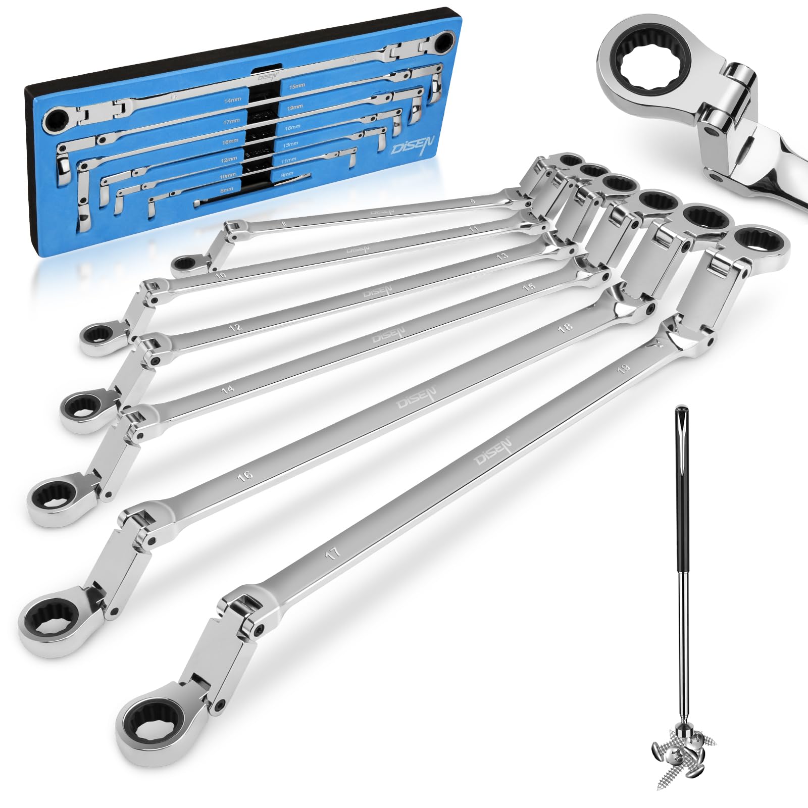 DISEN Double Jointed Extra Long Flex Head Ratchet Wrench Set 8-19mm