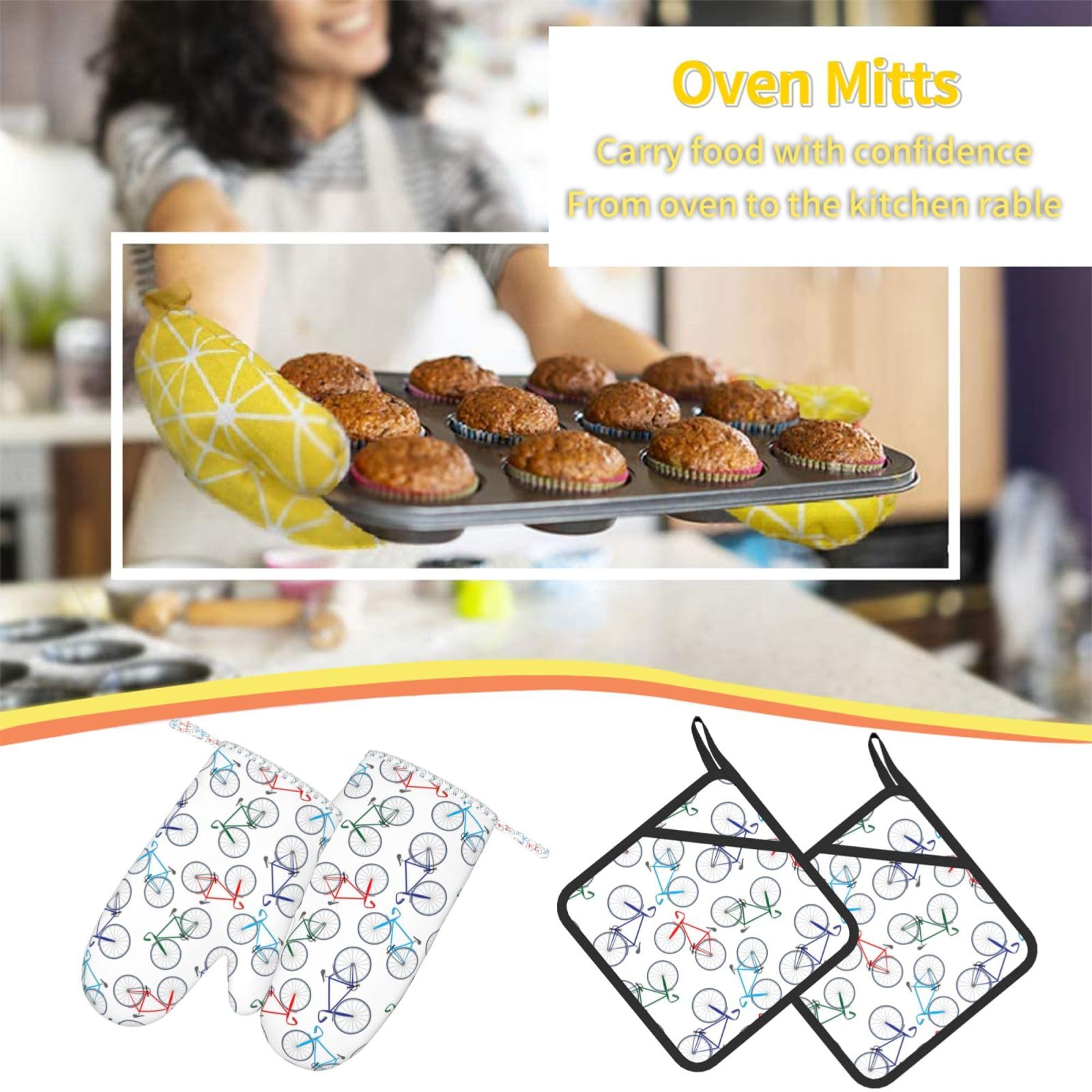 Ensemble de Quatre Gants et maniques résistants à la Chaleur, Gants de Cuisine antidérapants, Gants de Four, Gants de vélo