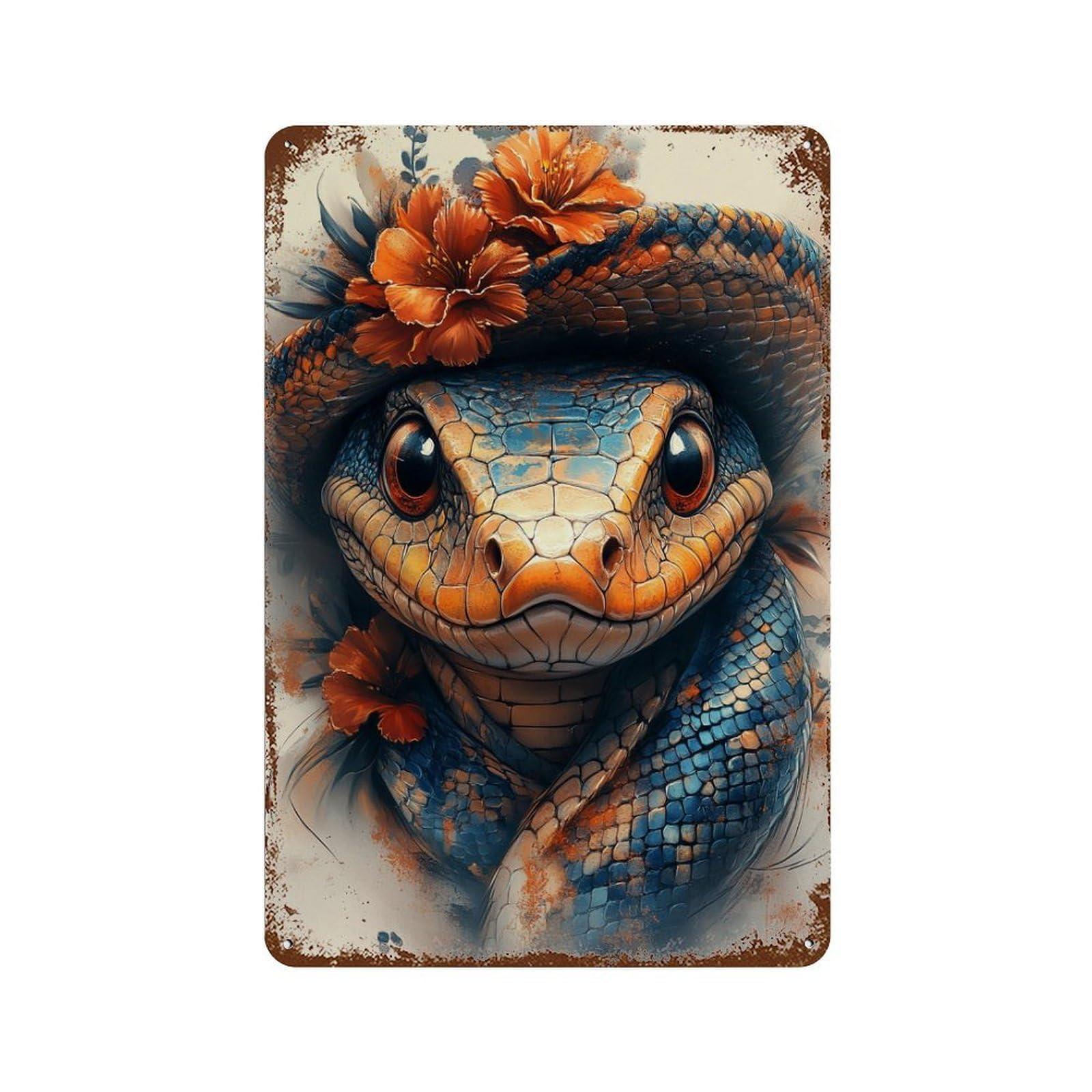 Retro Metal Sign with Snake with Flowers Art Print Design 11.8"x7.9", for Shed, Workshop And Garage Wall Decor, Old School Wall Decor