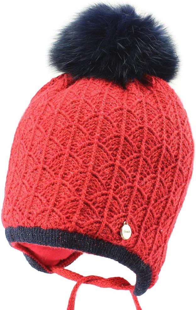 Girls Warm Winter Natural Fur Pom Pom Ear Flap Beanie Hat (Kaira II)