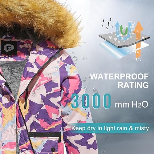 Miniatura 6 de FARVALUE Chaqueta de esquí impermeable para niñas, abrigo de invierno resistente al viento, abrigo de forro polar cálido para nieve, impermeables