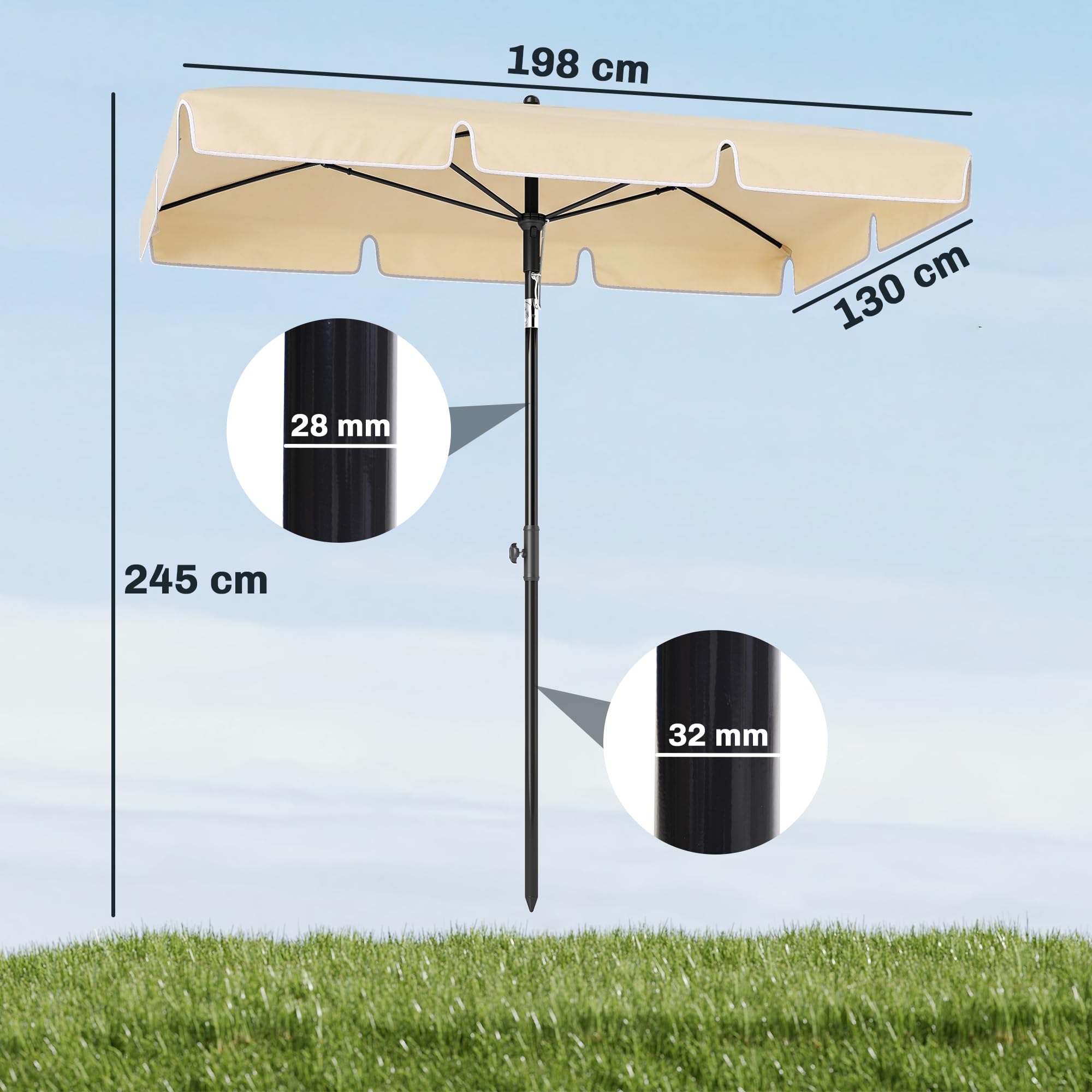 Outsunny Ombrellone da Giardino 2x1,3m Inclinabile con Bordi Arruffati, 4 Stecche in Alluminio e Poliestere 160g/m²