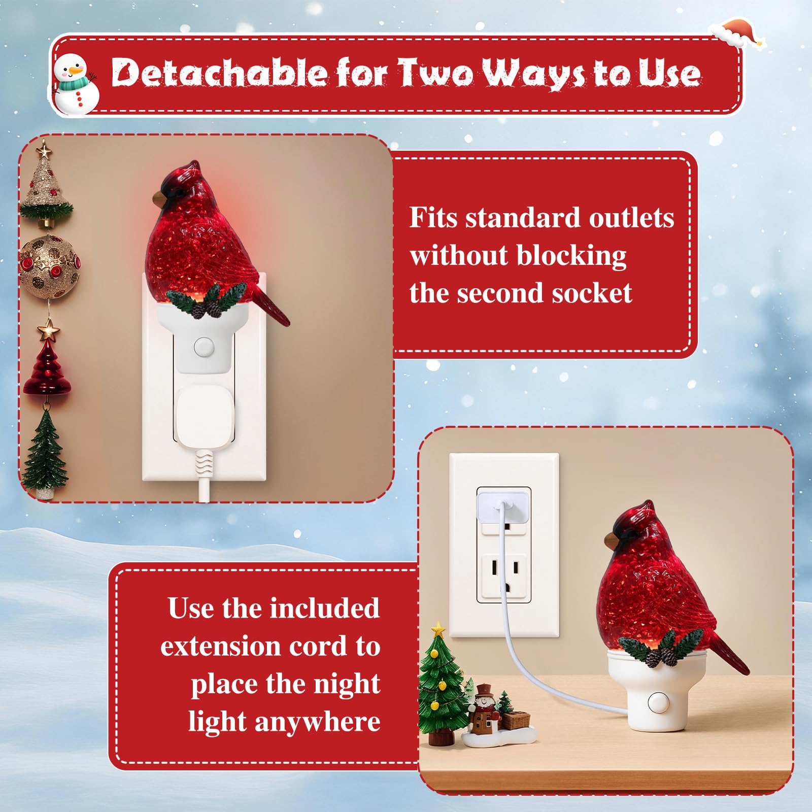 Weihnachtskardinal-Nachtlicht zum Einstecken in die Wand, Glitzer-Wasser-Nachtlicht mit USB/Steckdosen-Optionen, Weihnachtsdekorations-Nachtlicht für Schlafzimmer, Küche, Kinderzimmer, Flur