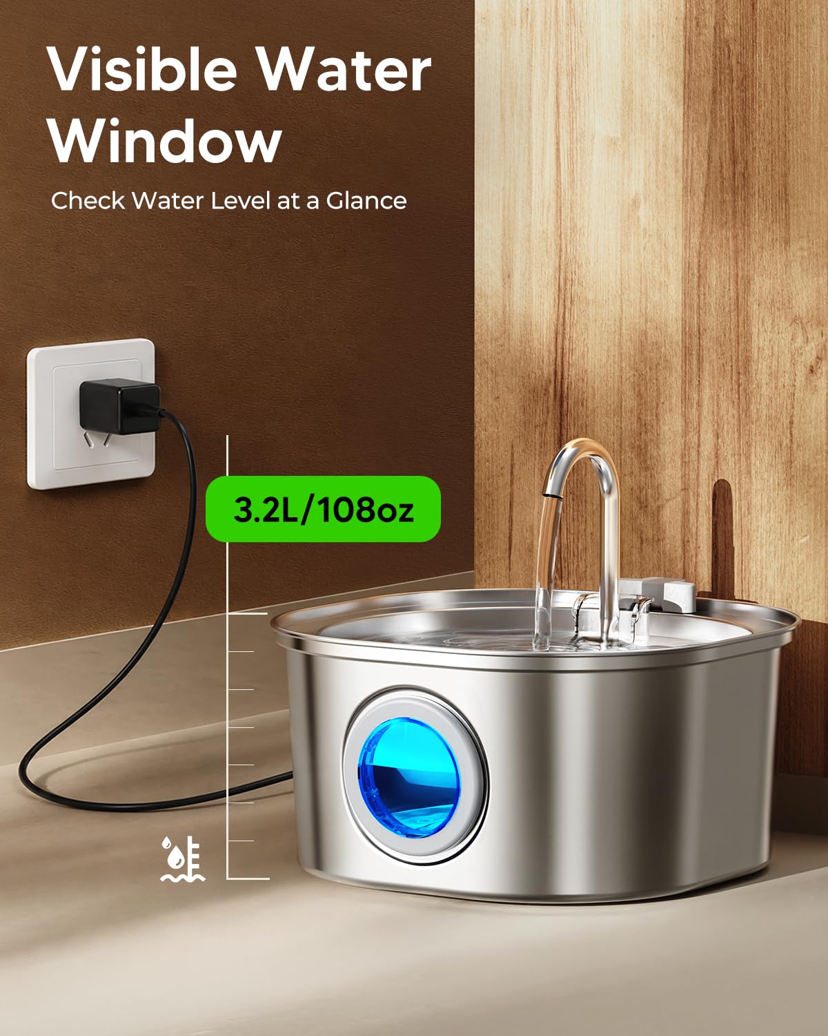 PEKTACO Fuente de Agua para Gatos, Fuente de Agua para Mascotas para Gatos/Perros en Interiores, Fuentes de Agua para Gatos de Acero Inoxidable con Ventana de Nivel de Agua (3.2 L/108 onzas)