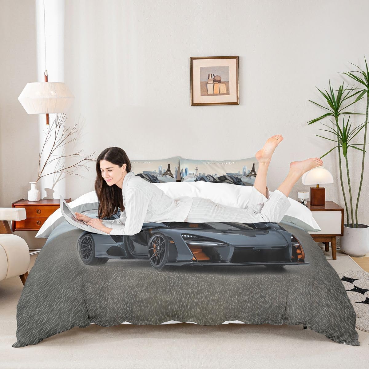 Feelyou Queen Size 3D Car Print Bedding Set - Stylish Decor Boy's Sport Comforter Cover with Pillowcases, Speed Sports Car Microfiber Zipper Set
