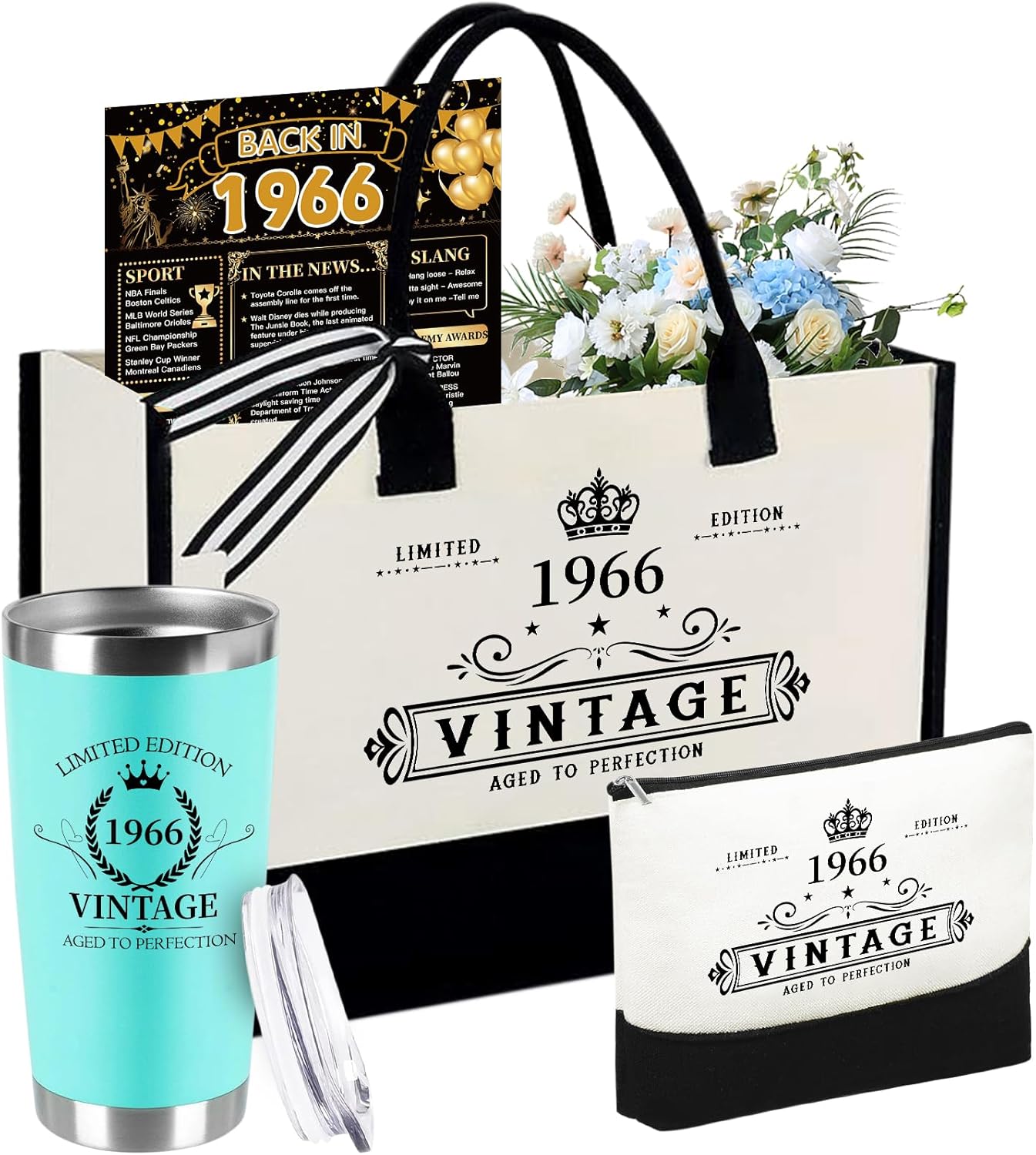 60th Birthday Gifts for Women Her- 4 pcs, Turning 60 Year Old Gifts, Birthday Decorations Canvas Beach Tote Bag & Makeup Bag, Unique Happy 60th Present for Her Mom Wife Friends