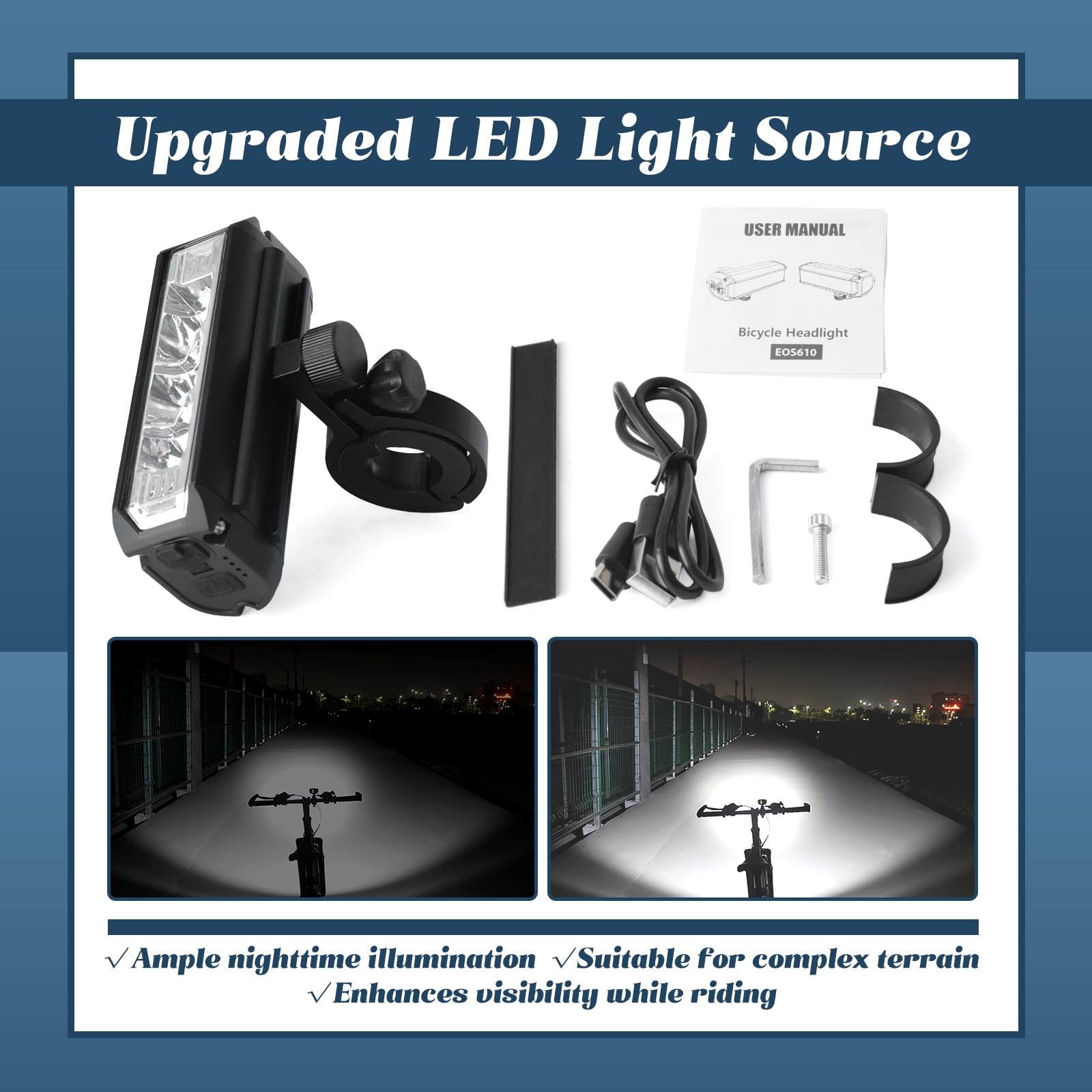 Luce LED per bicicletta compatibile con moto da cross elettrica Tuttio Soleil01, ricaricabile tramite USB, per guida notturna, luci di marcia diurna con staffa di montaggio e strumenti