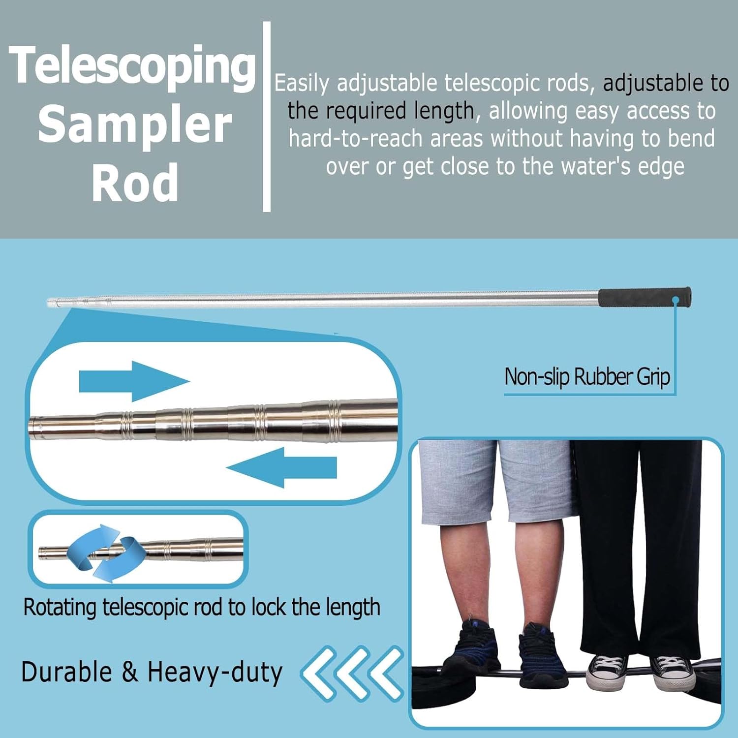 Telescopic Water Sampler w/1000ml Beaker, Vertical Swing Sampler Dipper Kit for Pond/Rivers/Lakes/Inside Tanks, Stainless Steel Sampler Rod for Outside Water Sampling(Round,600cm/236.2in)