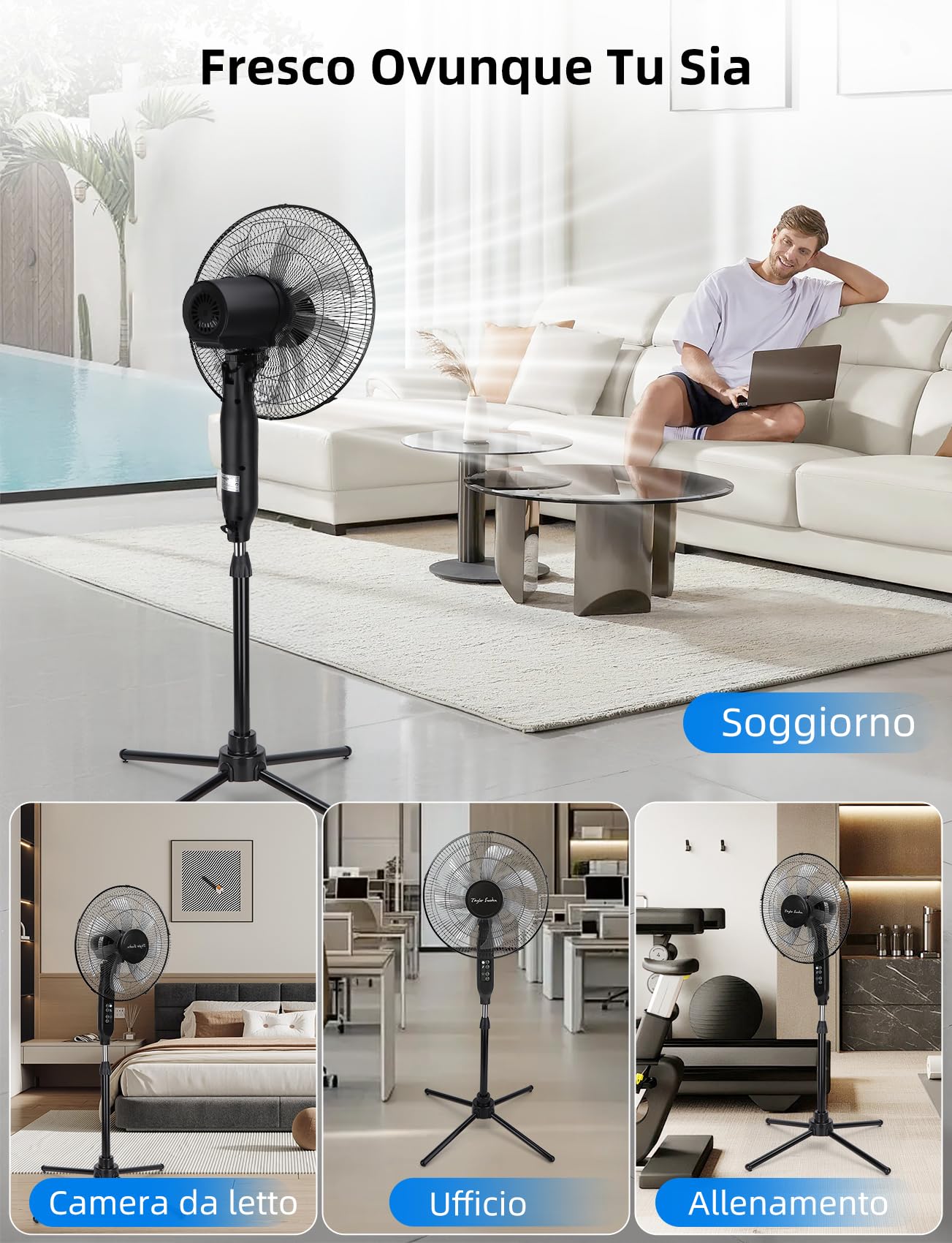 Taylor Swoden Ventilatore a Piantana con Telecomando, Potente Silenzioso, 7 Pale, Timer 9H, 3 Velocità & 3 Modalità (Normale/Naturale/Sleep), Oscillazione 70°, Altezza Regolabile, 50W, Nero