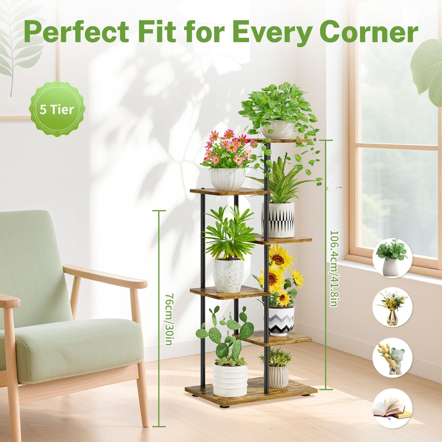 idavosic.ly 5 tier plant stand indoor, tiered corner metal wood multiple flower holder shelf, 42 inch tall orchid display rack for patio porch living room balcony outdoor, modern black & rustic brown rustic brown 5 tier