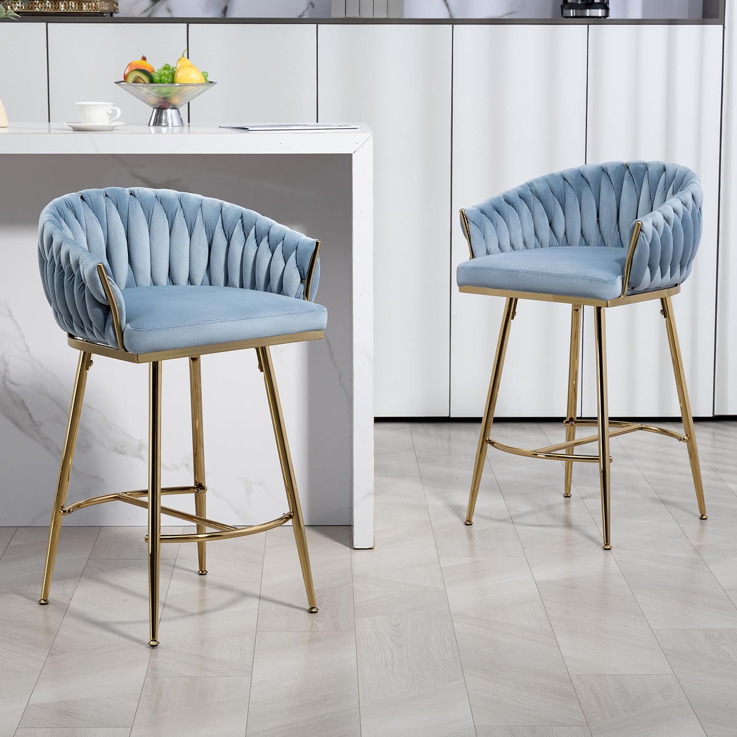 Modern Metal Bar Stools for Kitchen Counter Set of 2, Velvet Upholstered Counter Height Stools with Woven Back and Footrest Bar Chairs Barstools for Kitchen Island Cafe Pub (Blue, Gold Base)