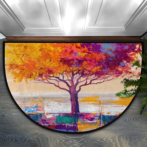 Apular Tapete medio redondo de 30 x 18 pulgadas pintura al óleo paisaje colorido para interiores antideslizante semicírculo entrada otoño medio