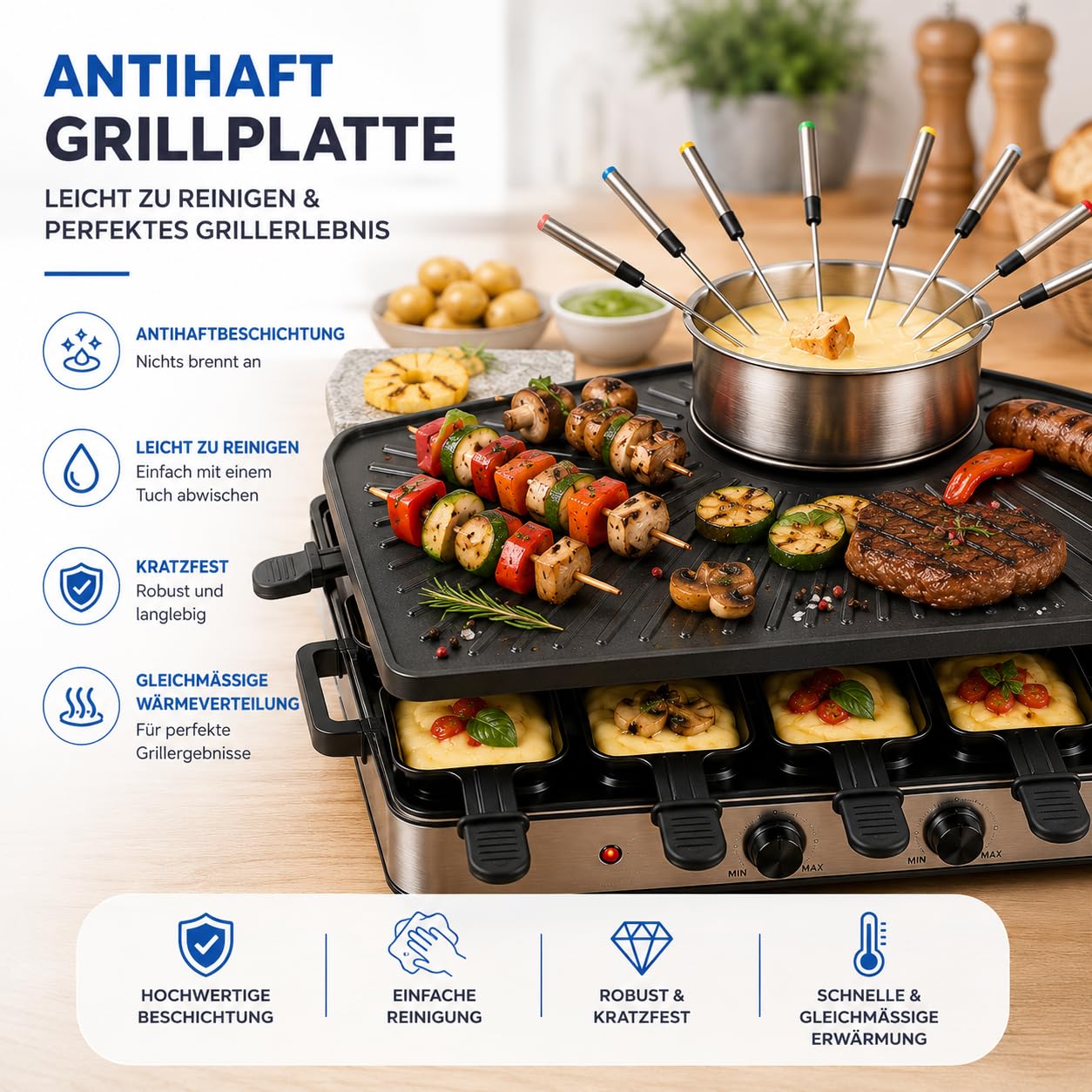 Appareil à raclette pour 8 personnes - Avec plaque de cuisson et fonction plaque de pierre - Barbecue de table avec poêlons et grattoir