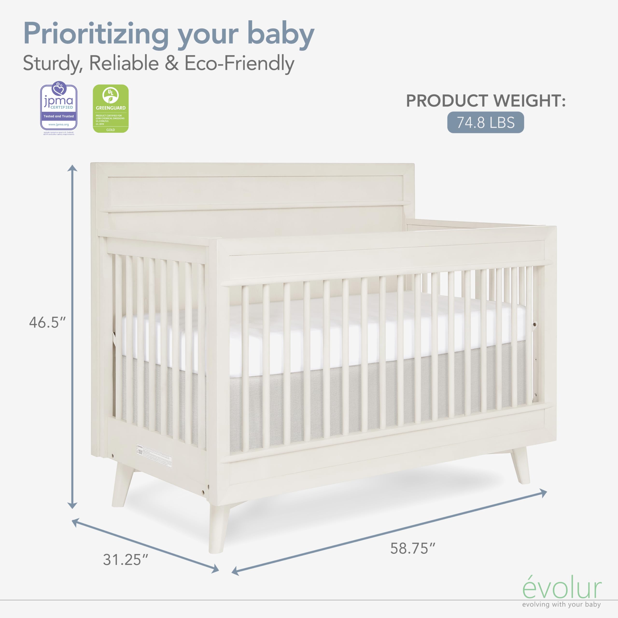 Evolur Loft Antilia Mid-Century 4-in-1 Convertible Crib in White & Natural, GREENGUARD Gold Certified, Converts to Toddler Bed, Daybed & Full Bed, Fits Standard Crib Mattress, Adjustable Mattress Base