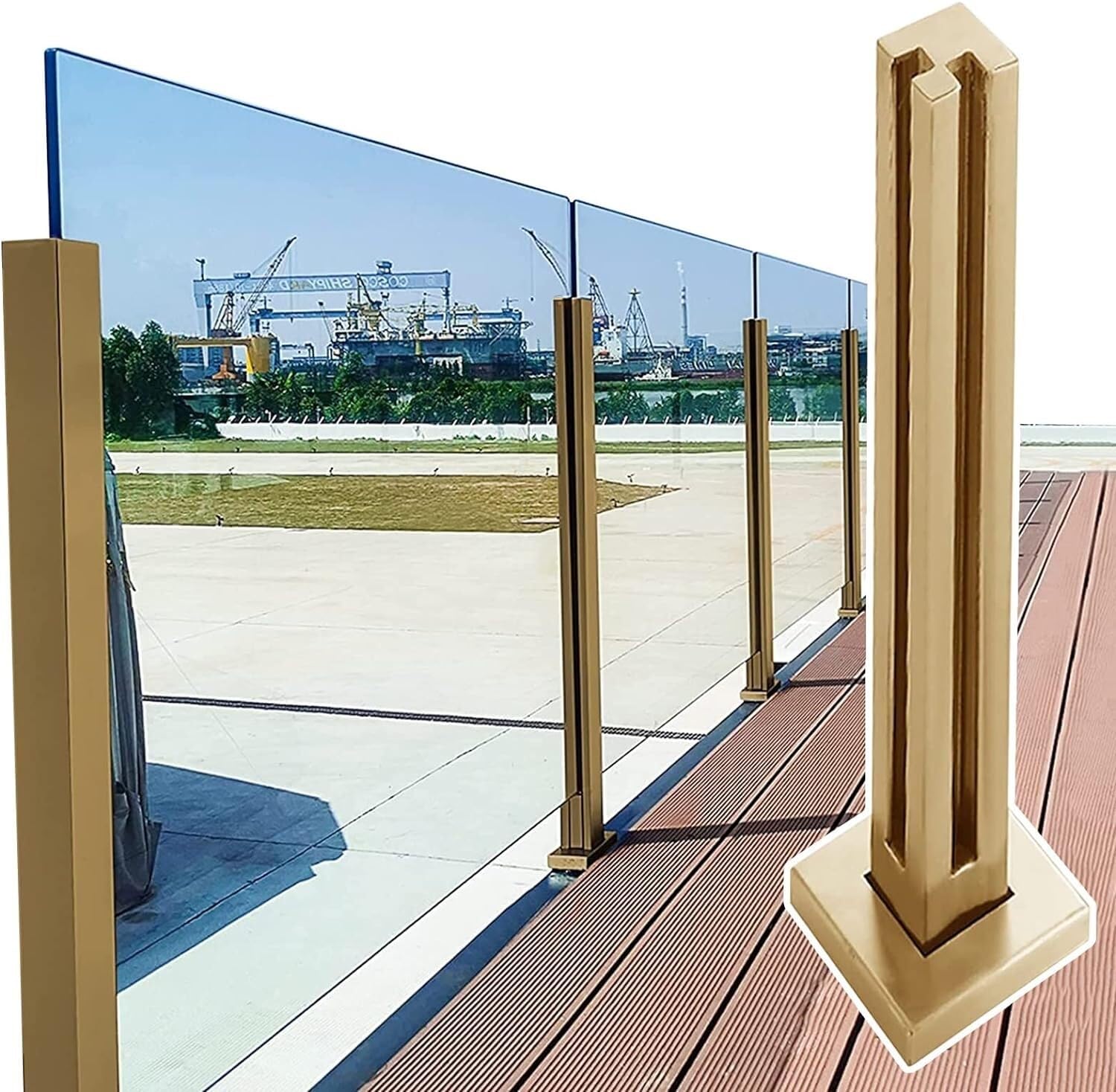 Varilla de fijación para Valla de Vidrio Abrazadera para Poste de barandilla de Vidrio Patio/Terraza/Veranda Poste Cuadrado Dorado para barandilla de Vidrio Poste de Soporte para Valla de Vi
