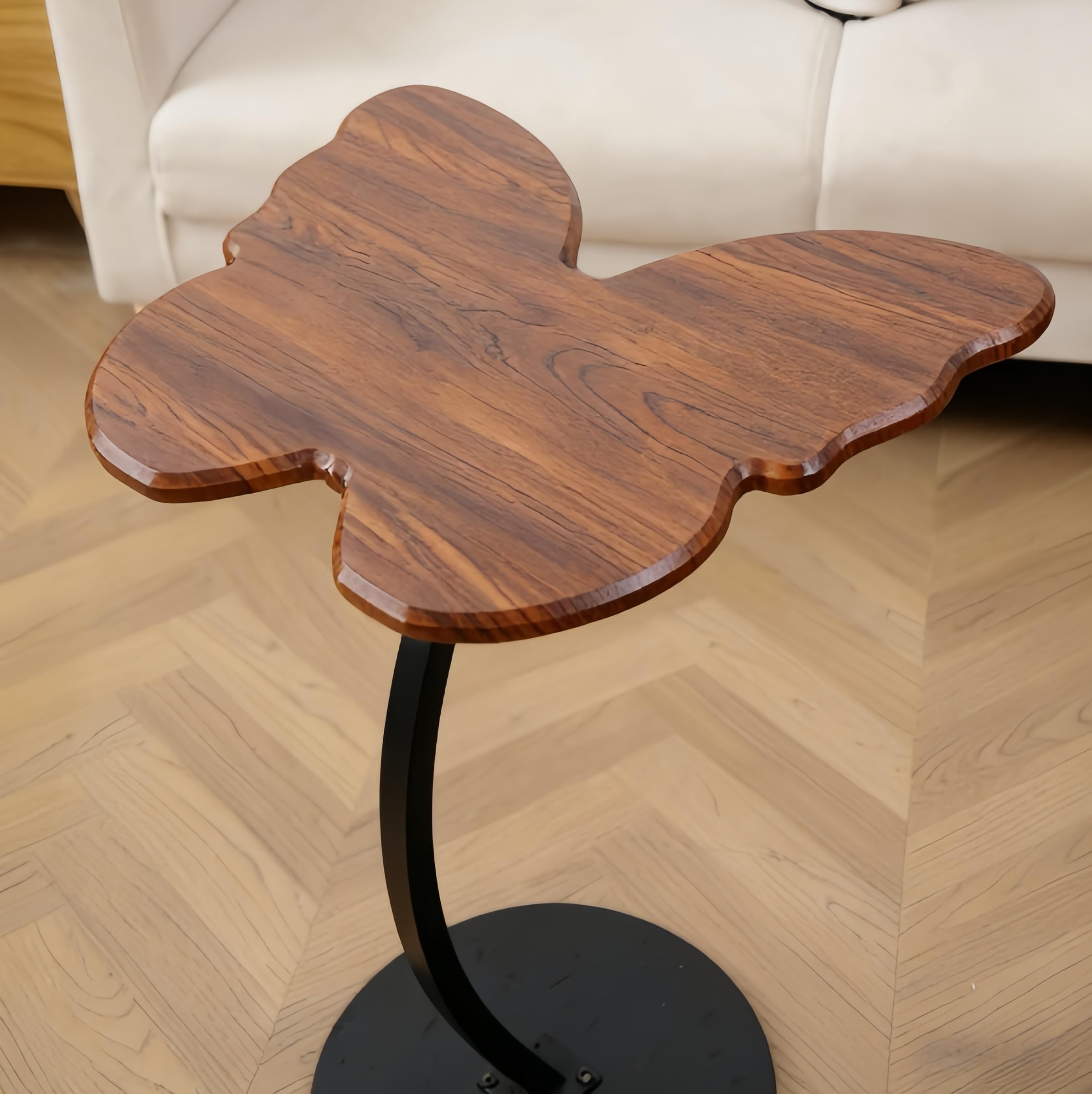 Mesa auxiliar de madera de nogal con forma de mariposa, 43 x 33 cm, con patas curvadas de hierro, sofá rústico y mesita de noche para sala de estar