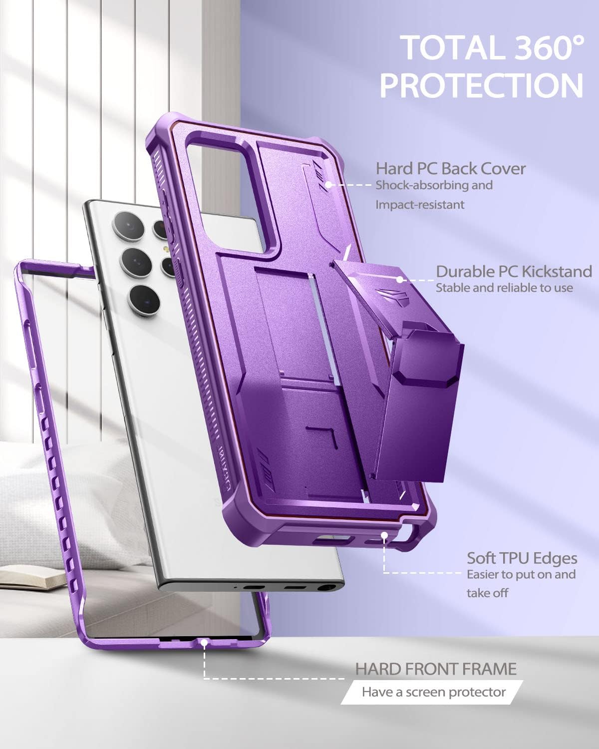 Dexnor for Samsung Galaxy S22 Ultra Case, [Built in Screen Protector and Kickstand] Heavy Duty Military Grade Protection Shockproof Protective Cover for Samsung Galaxy S22 Ultra 5G,Pruple Purple