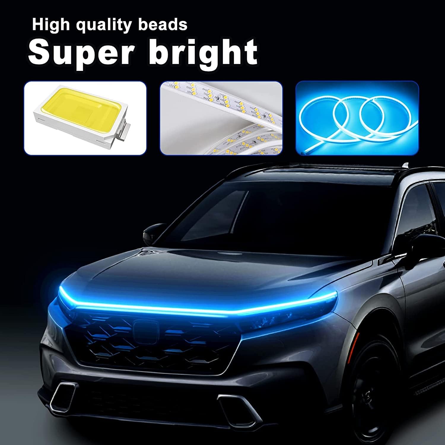 Cuttable LED Car Under Hood Light Strip Automotive Engine LED Strips Turning Light Guide Decorative Waterproof IP66 Daytime Exterior Decoration Accessories DC 15V Light Blue & Yellow 78.8in