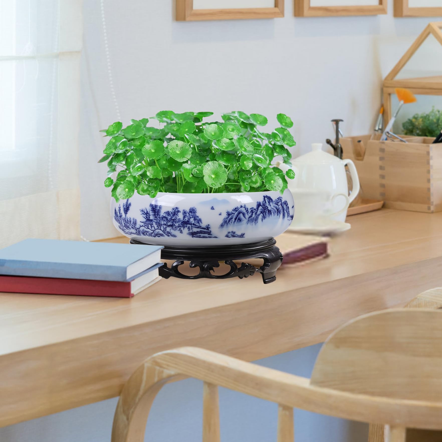 Lotus pot de fleurs en céramique bleue et blanche, pot décoratif rond pour jardin, balcon, bureau