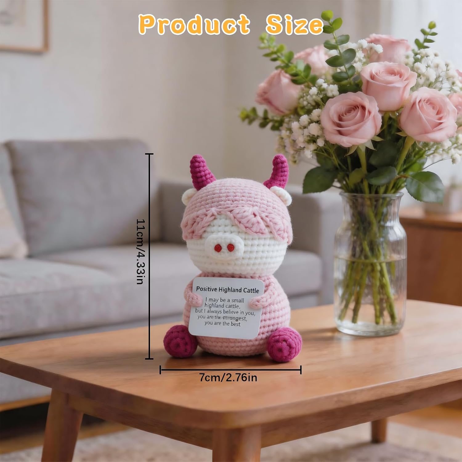 Positive Crochet Highland Cow, 3.54 Inch Knitted Highland Cattle with Encouraging Card, Unique Animals Themed Gift for Home Office Room Desktop Decoration
