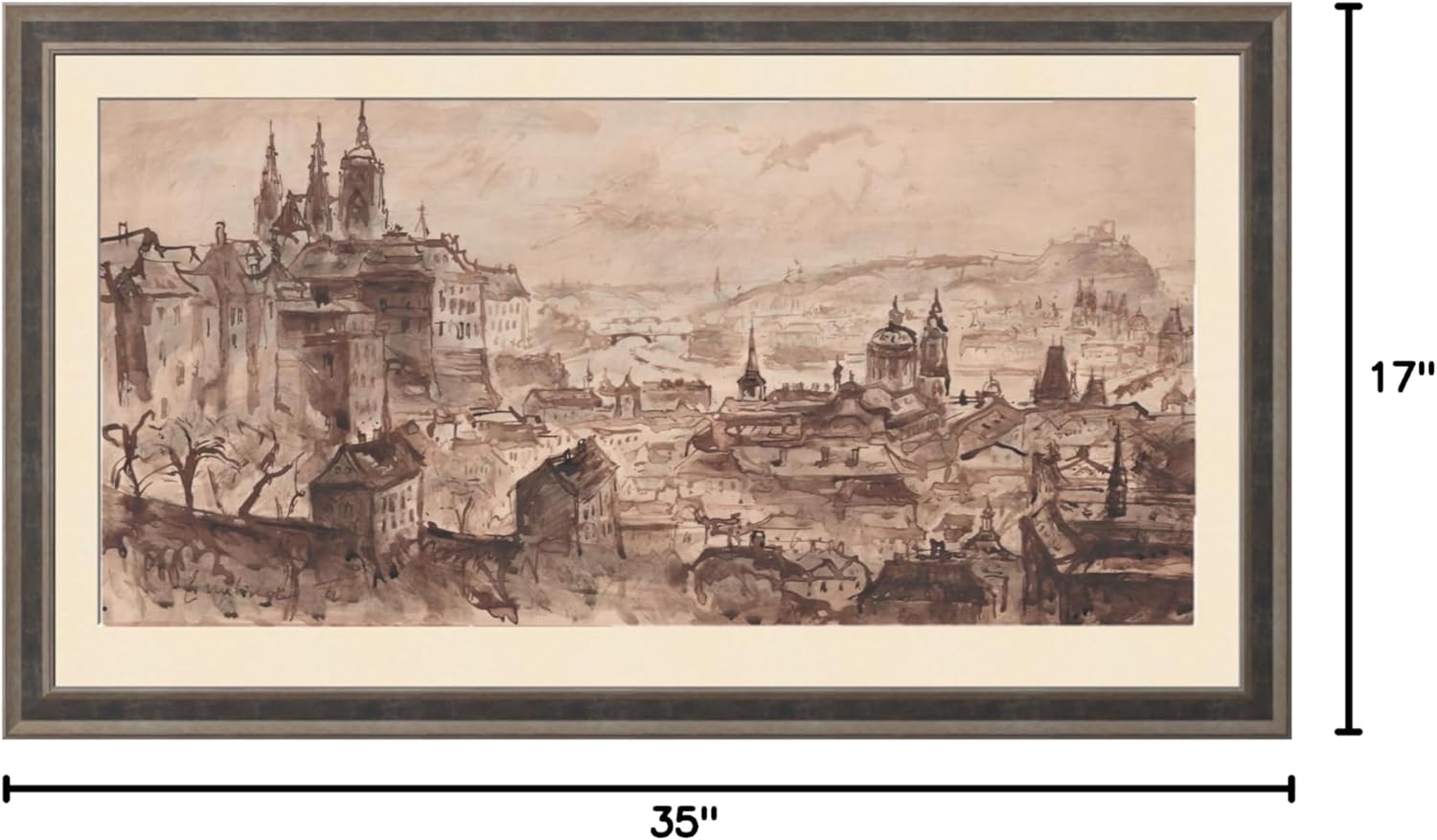 Jan B. Melichar | Prague from Strahov | Lavieren Drawing | Handmade Poster by Prague | Unique Picture Original Work Painting | 89 x 43 cm